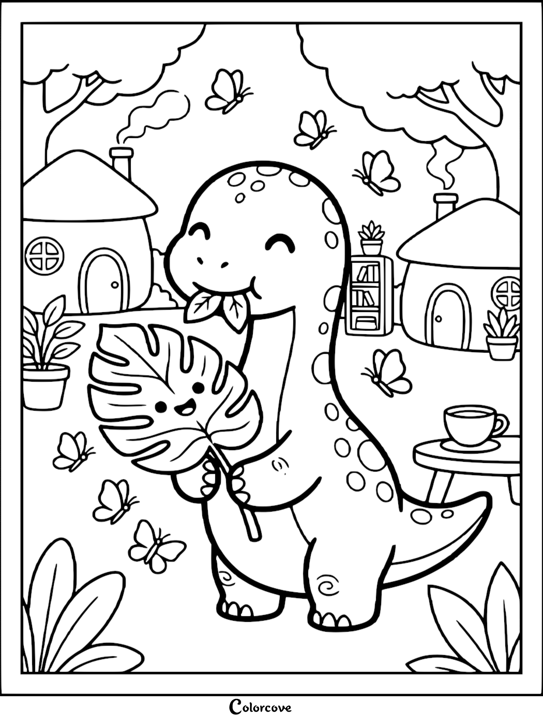 A cute dinosaur holding a smiling monstera leaf in a garden with houses and butterflies, printable coloring page.