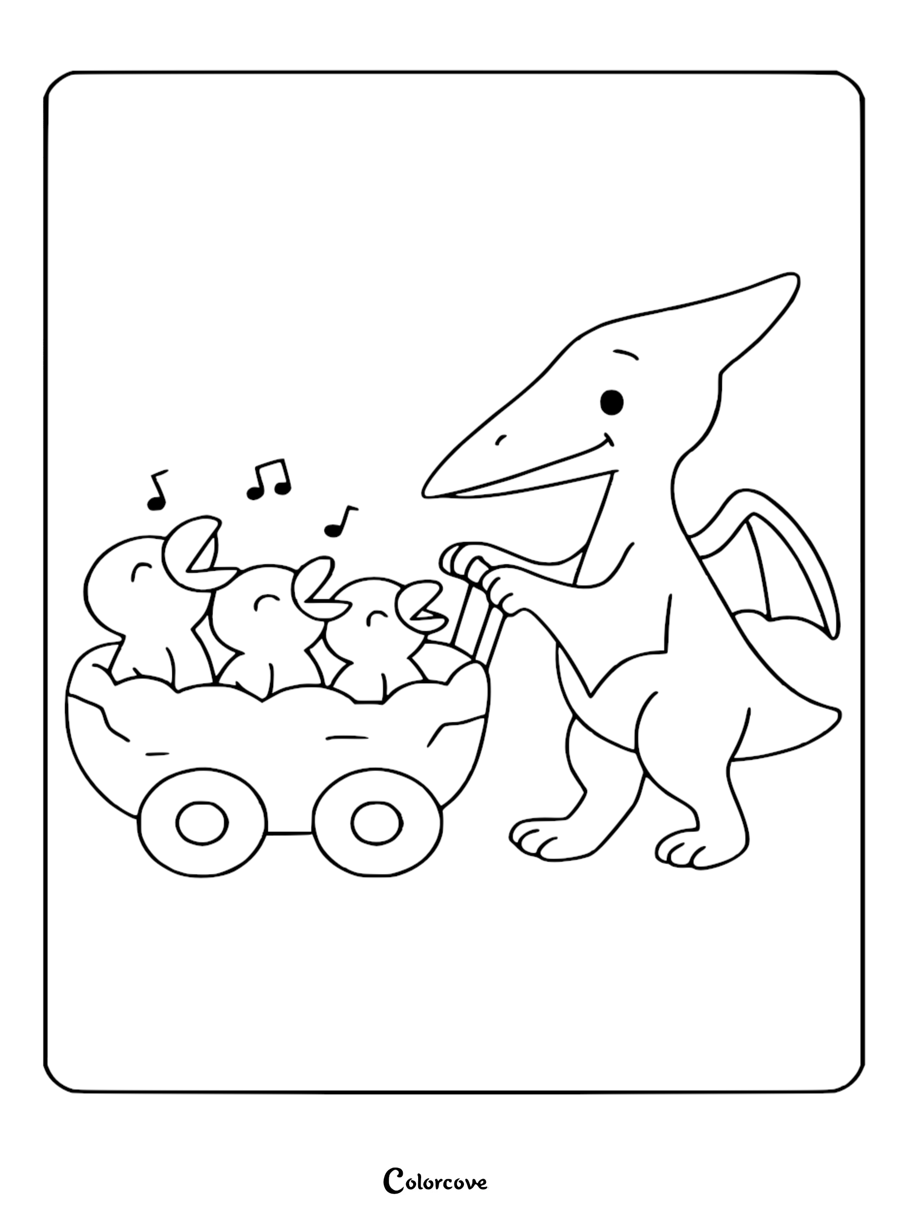 Mrs. Pteranodon pushing a wagon filled with three singing baby Pteranodons in this cute dinosaur coloring page.