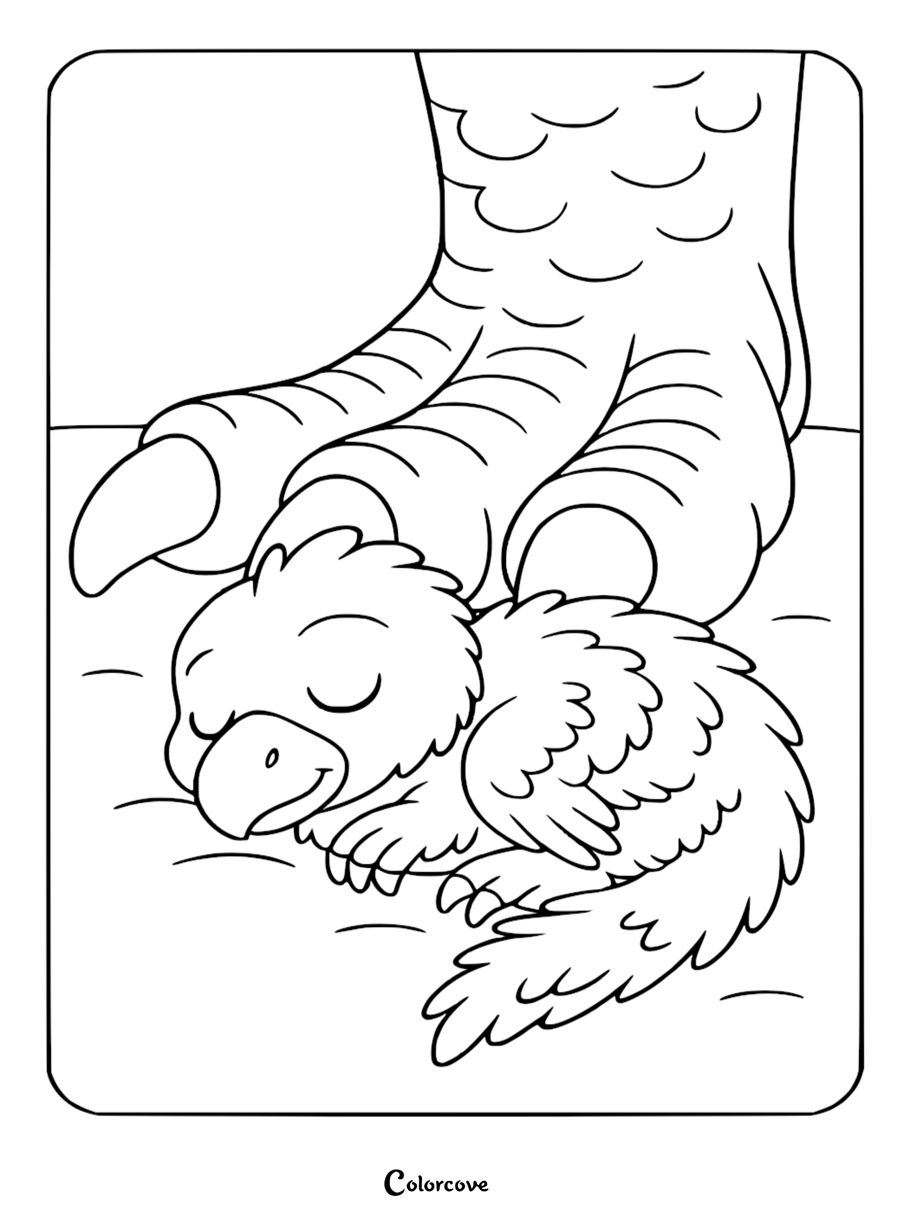 A cute baby dinosaur sleeping peacefully on the ground beneath the large clawed foot of its parent in this printable coloring page.