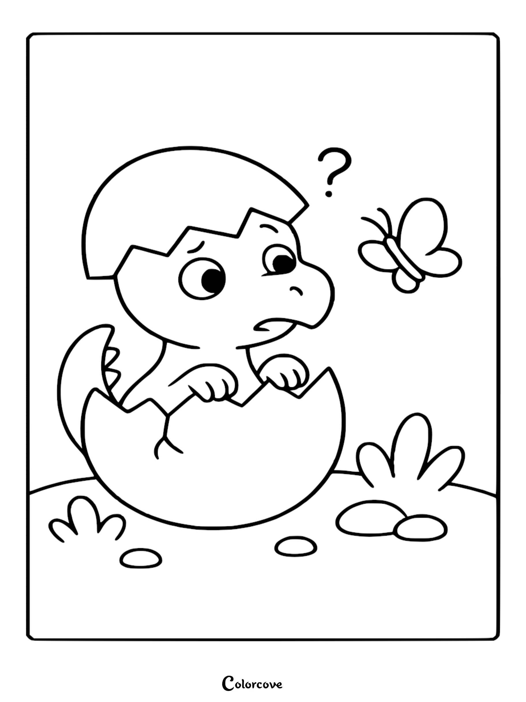 A cute baby dinosaur hatching from an egg and looking at a butterfly, printable coloring page.