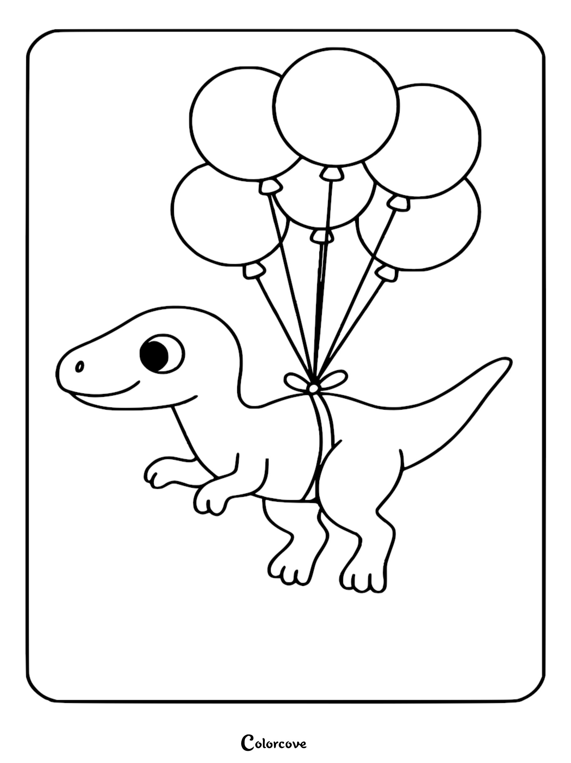 A cute baby dinosaur holding a bunch of five round balloons tied to its back in this simple line art coloring page.