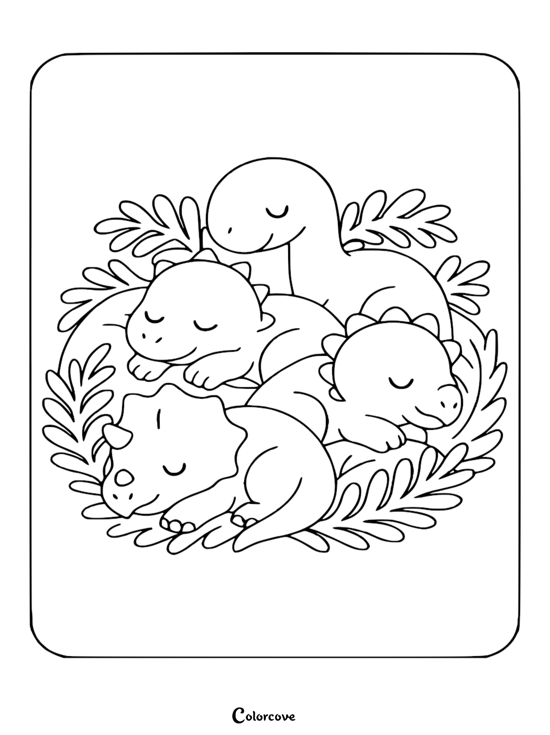 A printable coloring page featuring four adorable baby dinosaurs, including a triceratops, sleeping peacefully in a leafy nest.