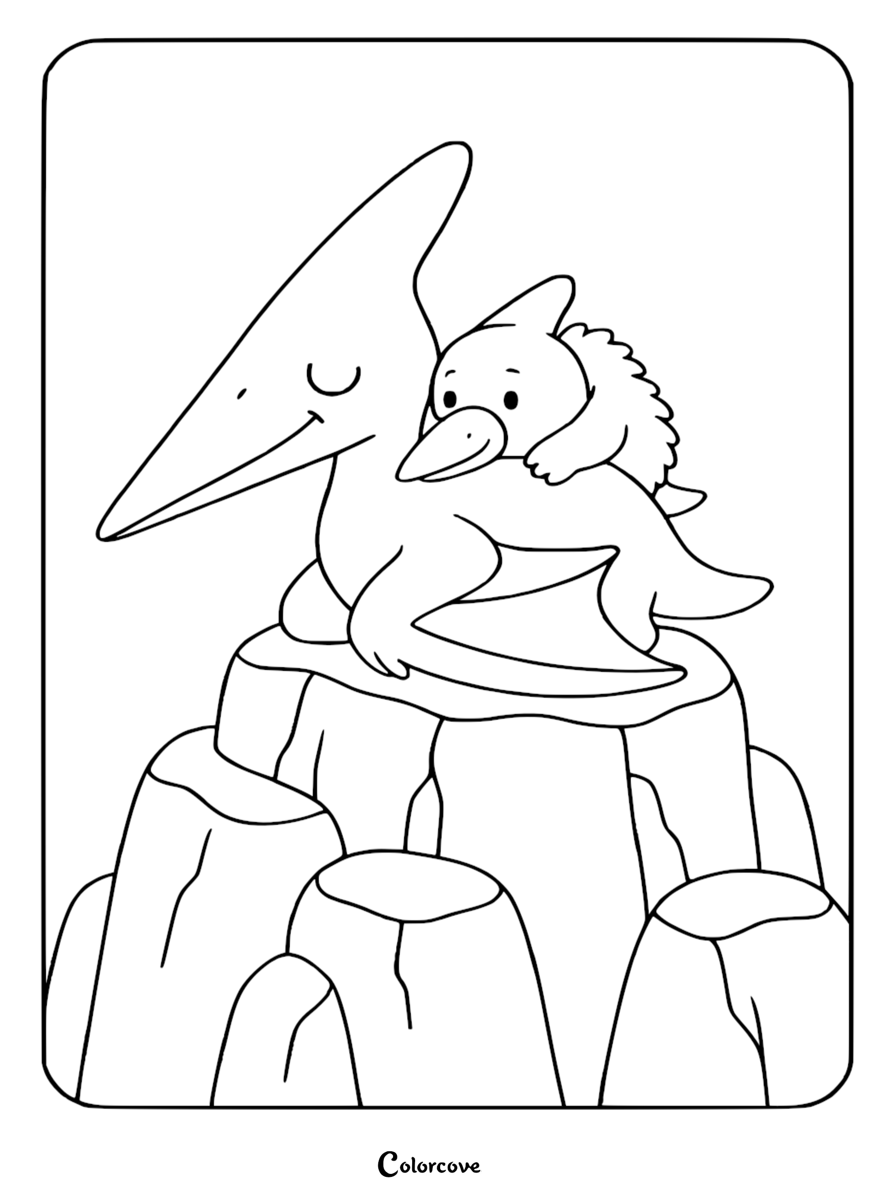 A cute Pterodactyl mother resting on a rocky cliff with her baby perched on her back in this printable coloring page.