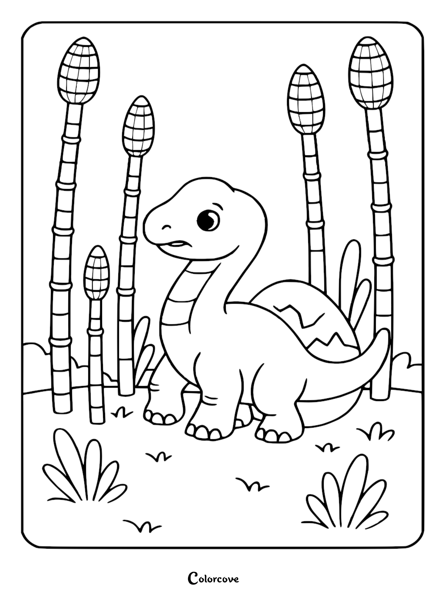 A cute baby dinosaur emerging from a cracked egg in a prehistoric forest, printable coloring page for kids.