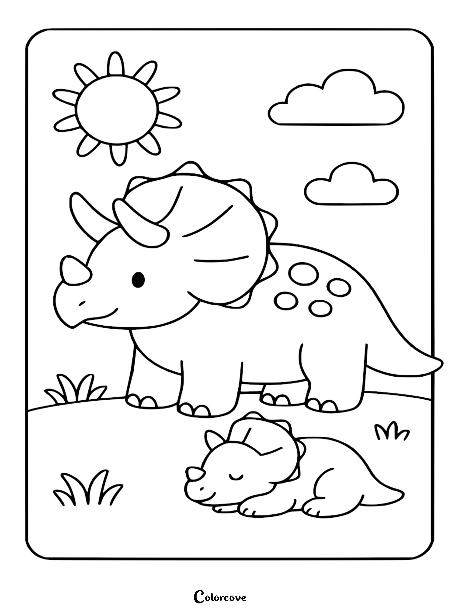A cute Triceratops mother standing over her sleeping baby in a sunny meadow, printable coloring page.