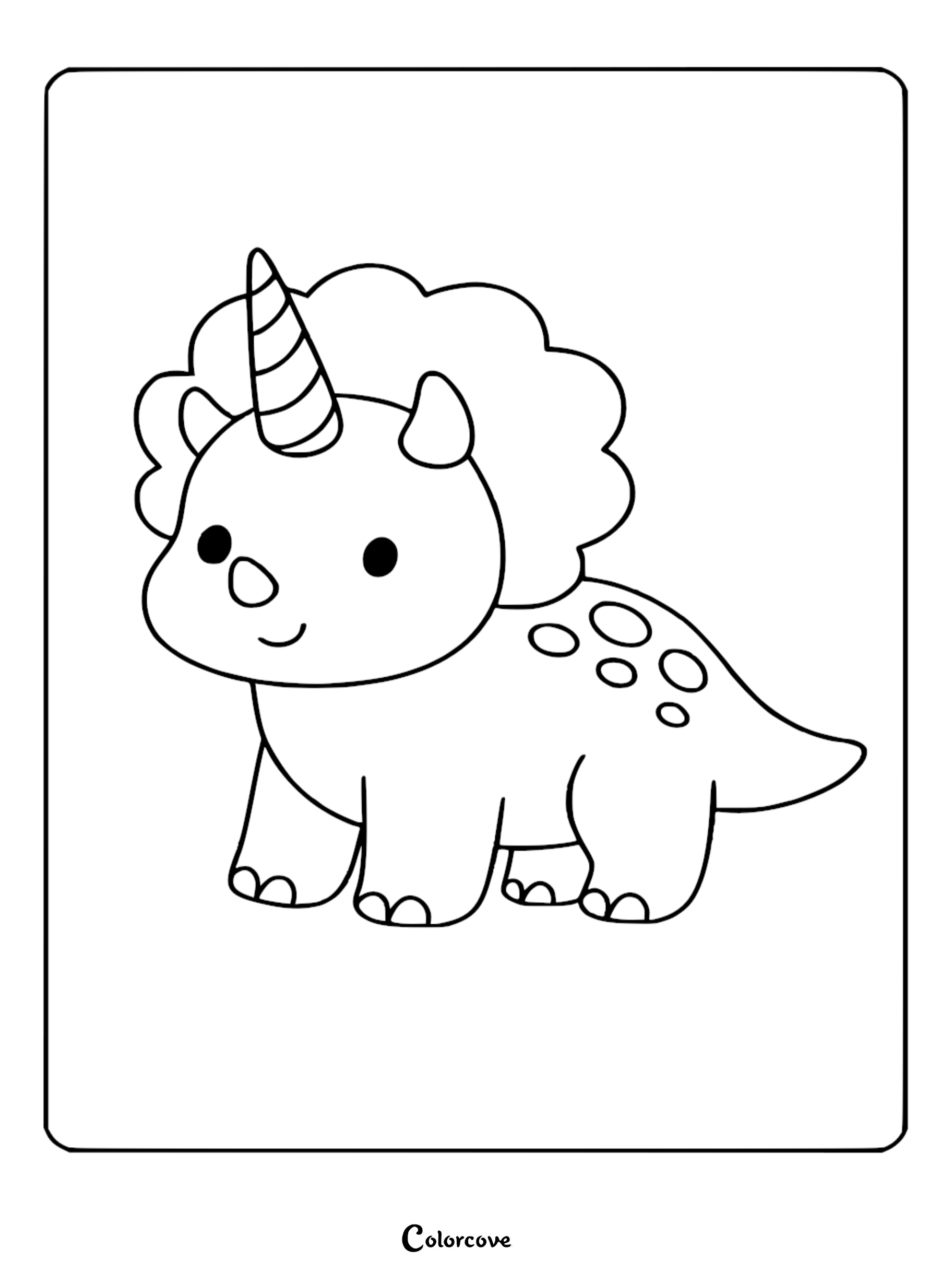 A cute baby triceratops with a unicorn horn on its head, featuring simple line art for a coloring page.