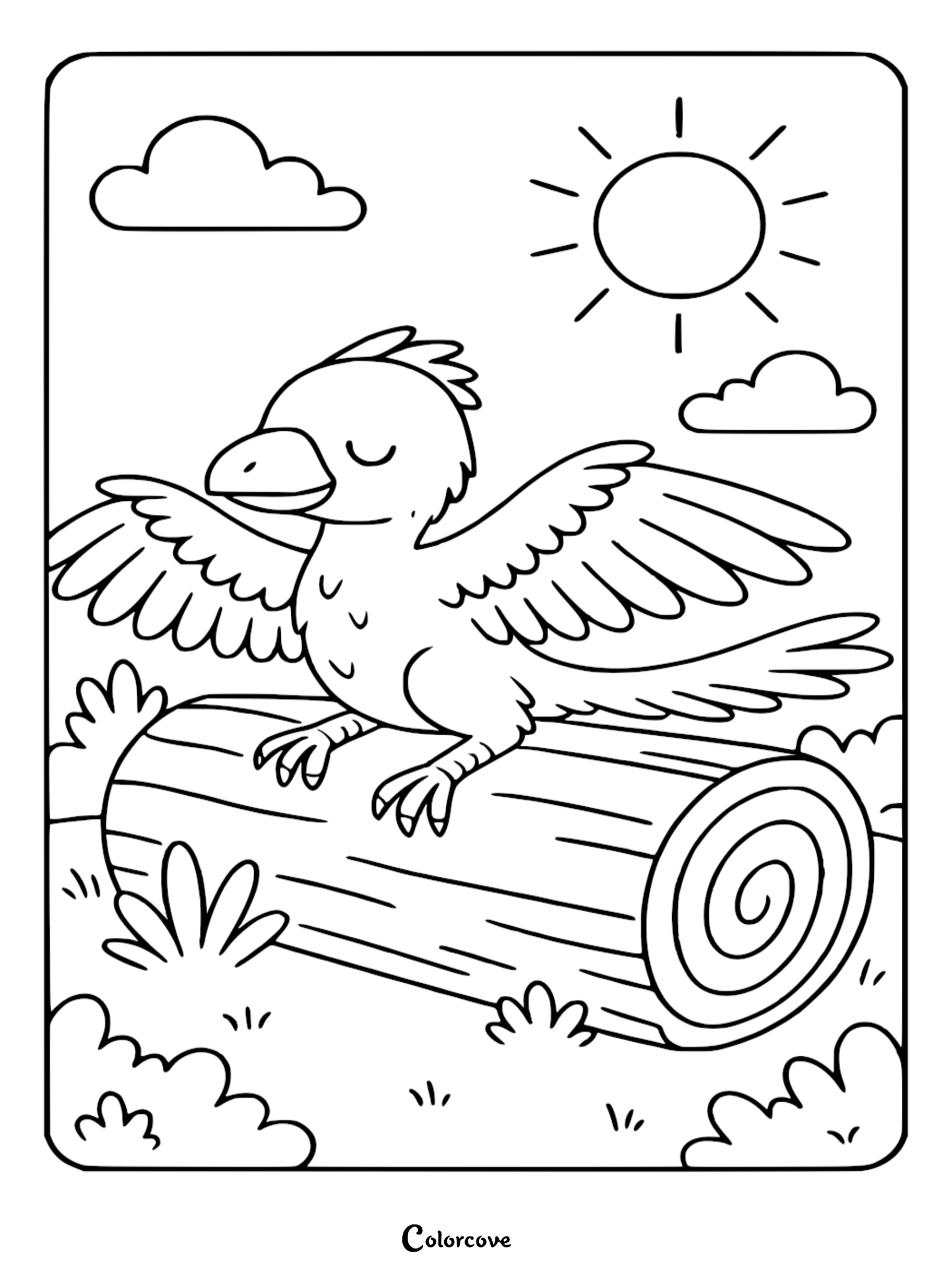 A cute Archaeopteryx dinosaur with wings spread wide perched on a wooden log in a sunny meadow, printable coloring page.