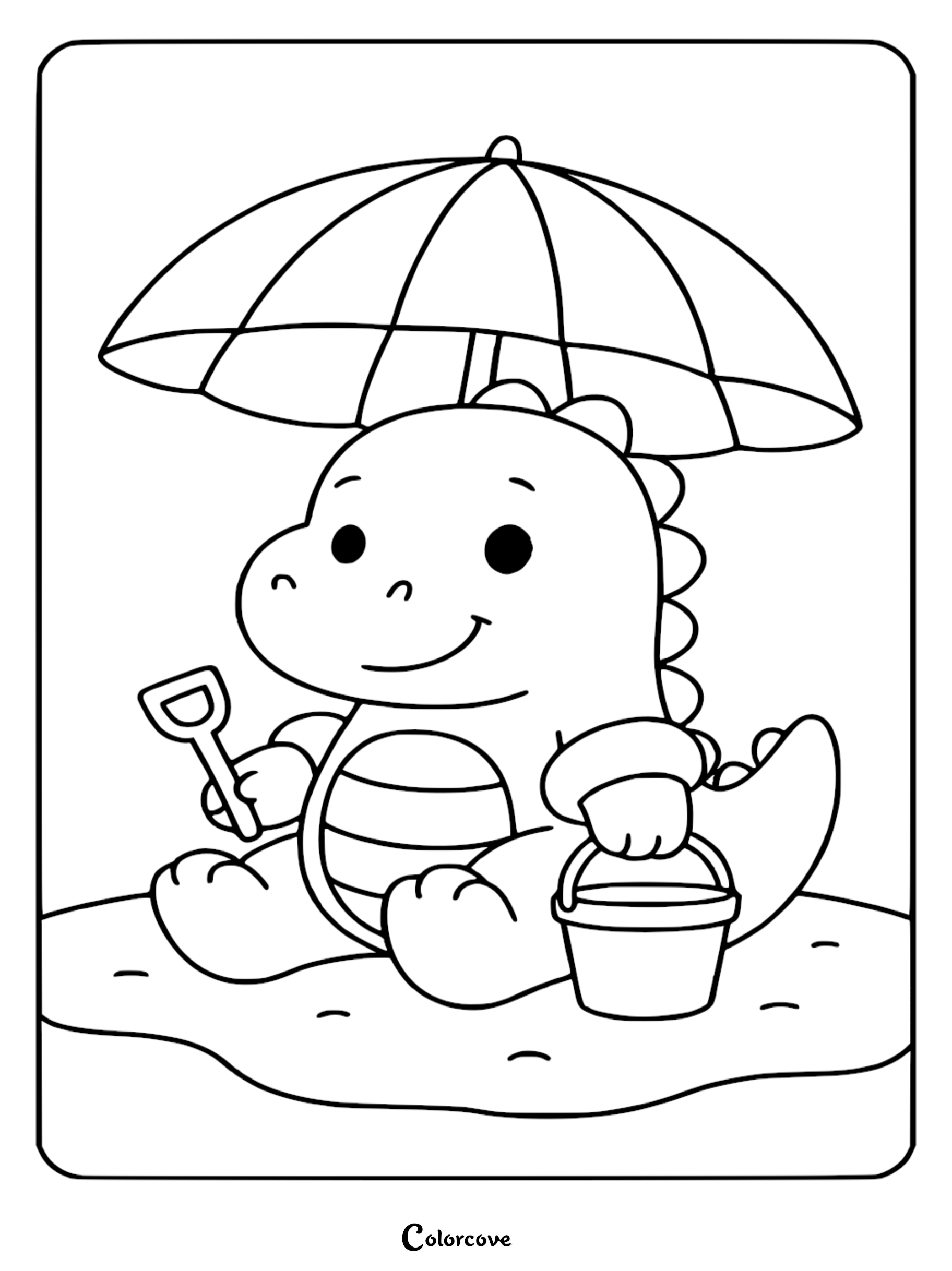 A cute dinosaur sitting on the sand under a beach umbrella holding a shovel and bucket in this printable coloring page.
