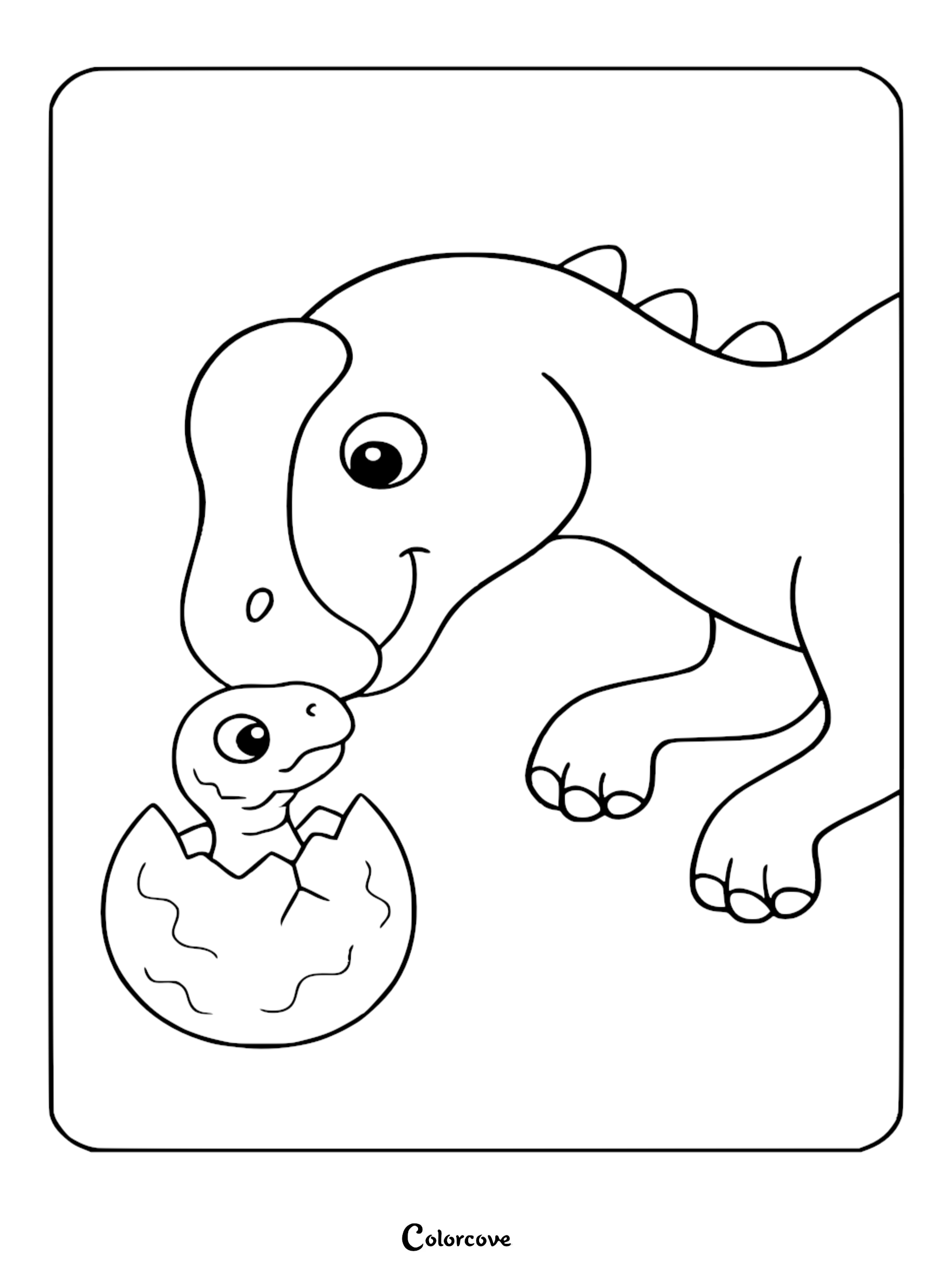 A cute dinosaur mother nuzzling her newborn baby hatchling emerging from a cracked egg in this printable coloring page.