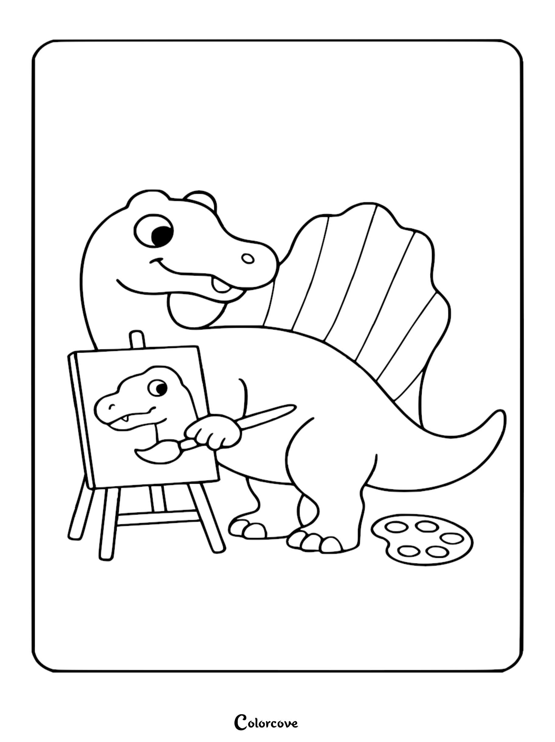 A cute Spinosaurus with a large sail on its back holding a paintbrush to paint a portrait of a dinosaur on an easel, coloring page style line art.