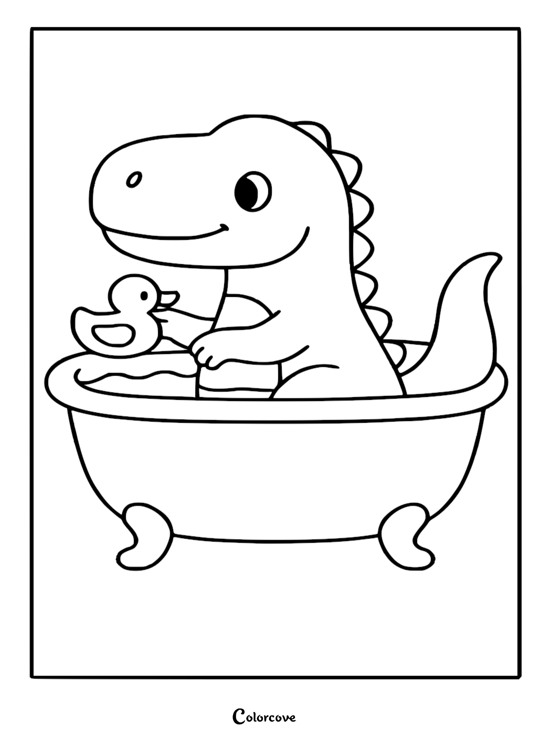 A cute dinosaur sitting in a clawfoot bathtub playing with a rubber ducky coloring page.