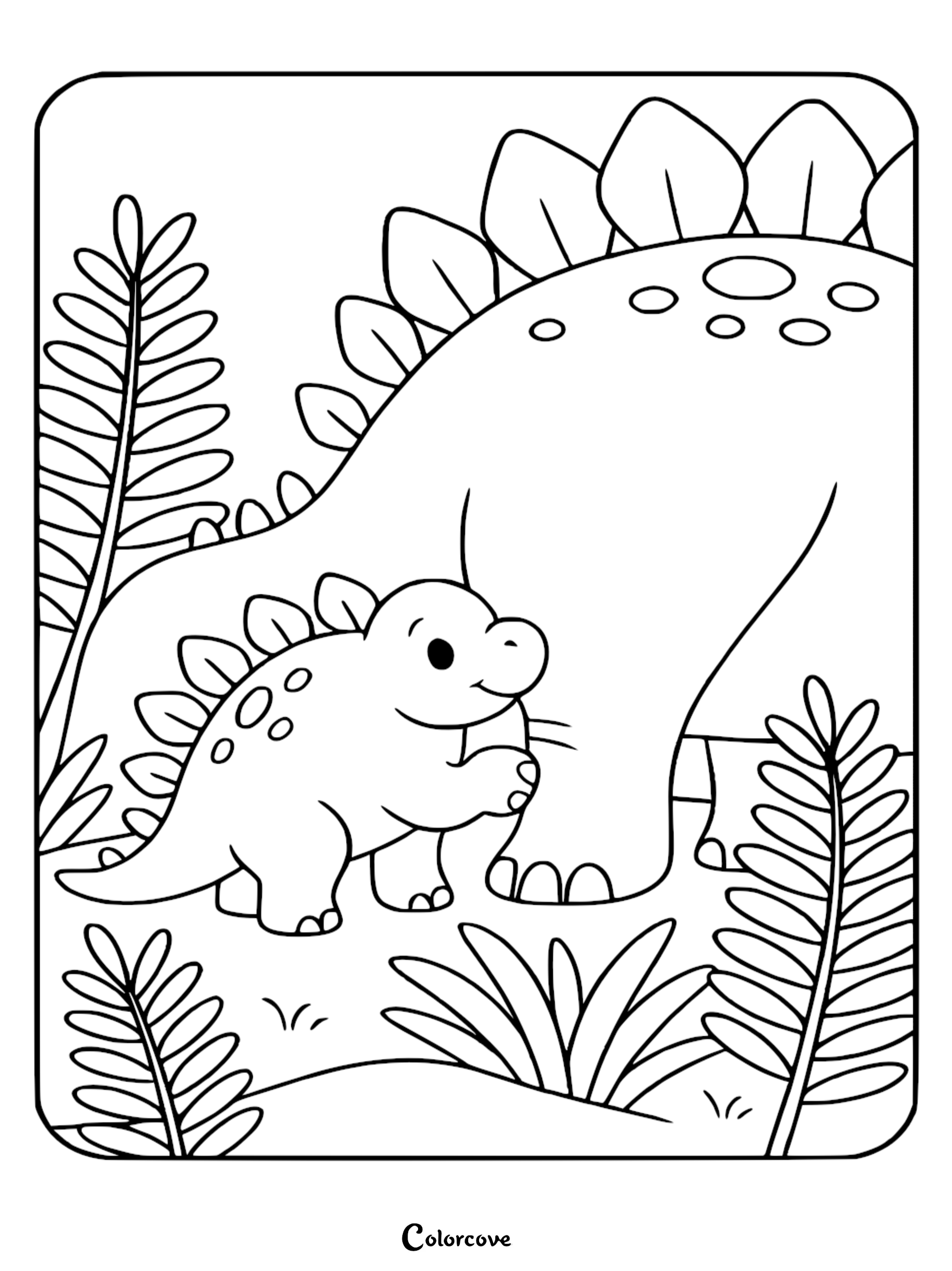 A cute baby Stegosaurus standing next to its large parent in a prehistoric jungle setting, printable coloring page for kids.