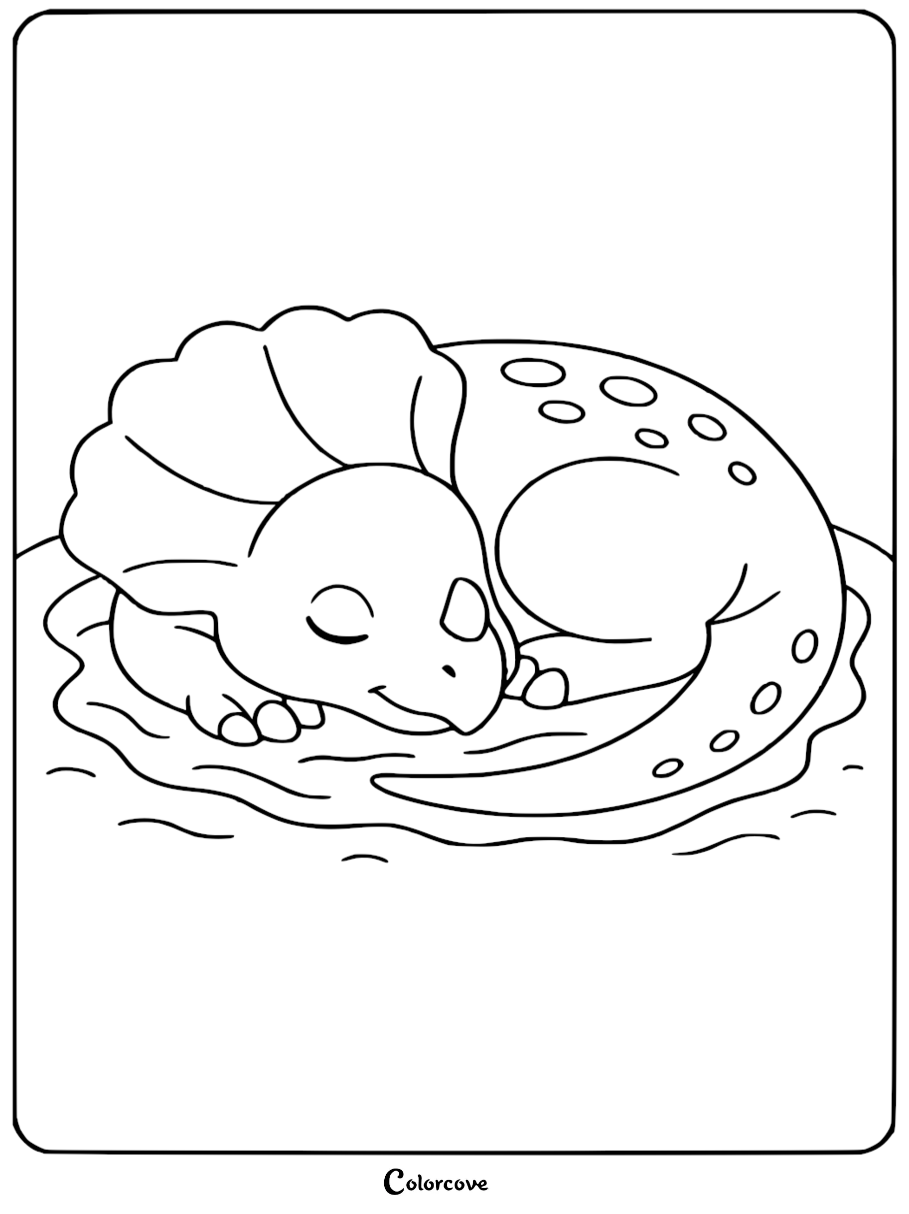 A cute baby Triceratops with spots sleeping curled up on the ground in this printable coloring page.