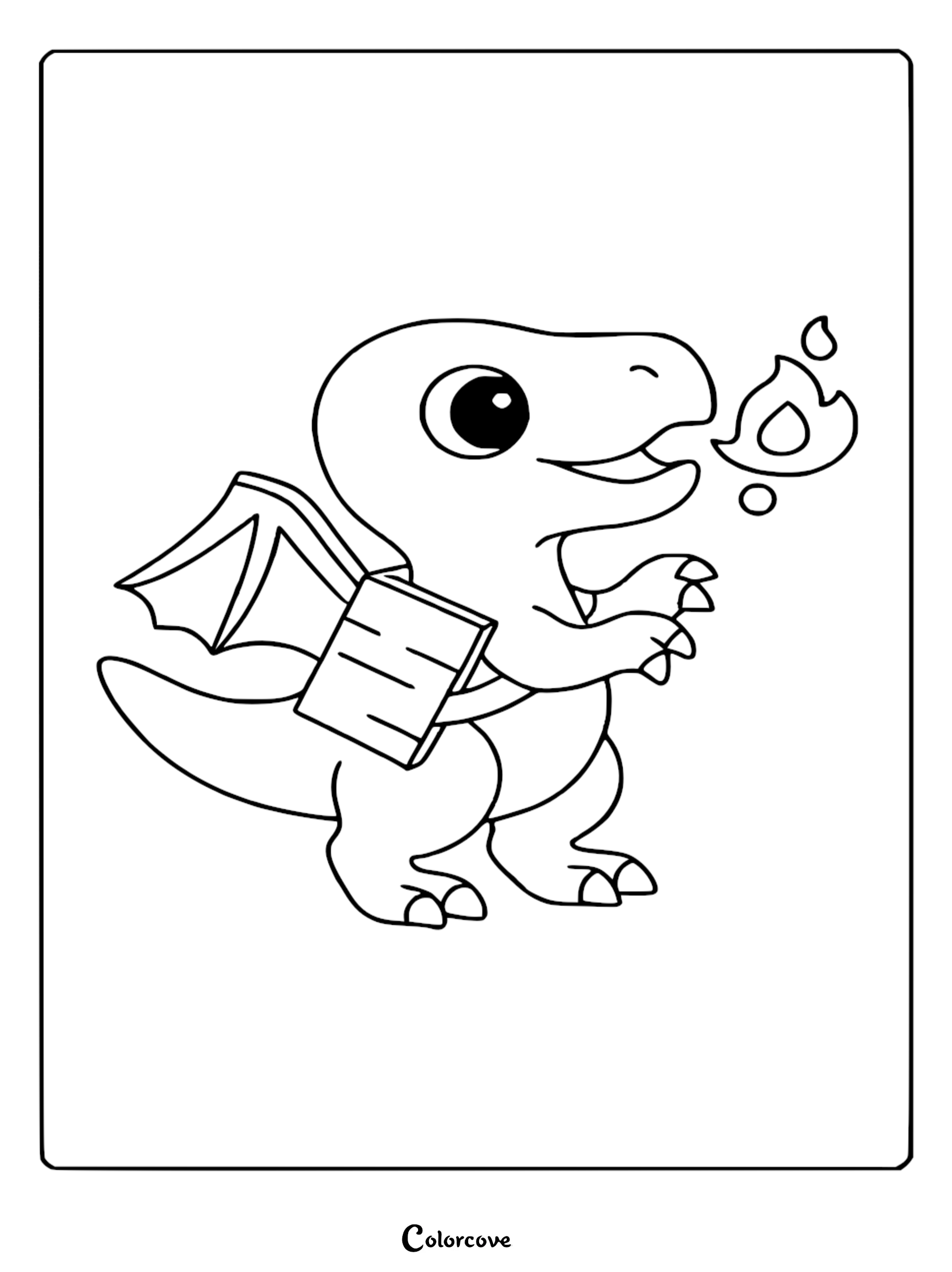 A cute baby dragon dinosaur with wings and a backpack breathing a small flame, line art coloring page.