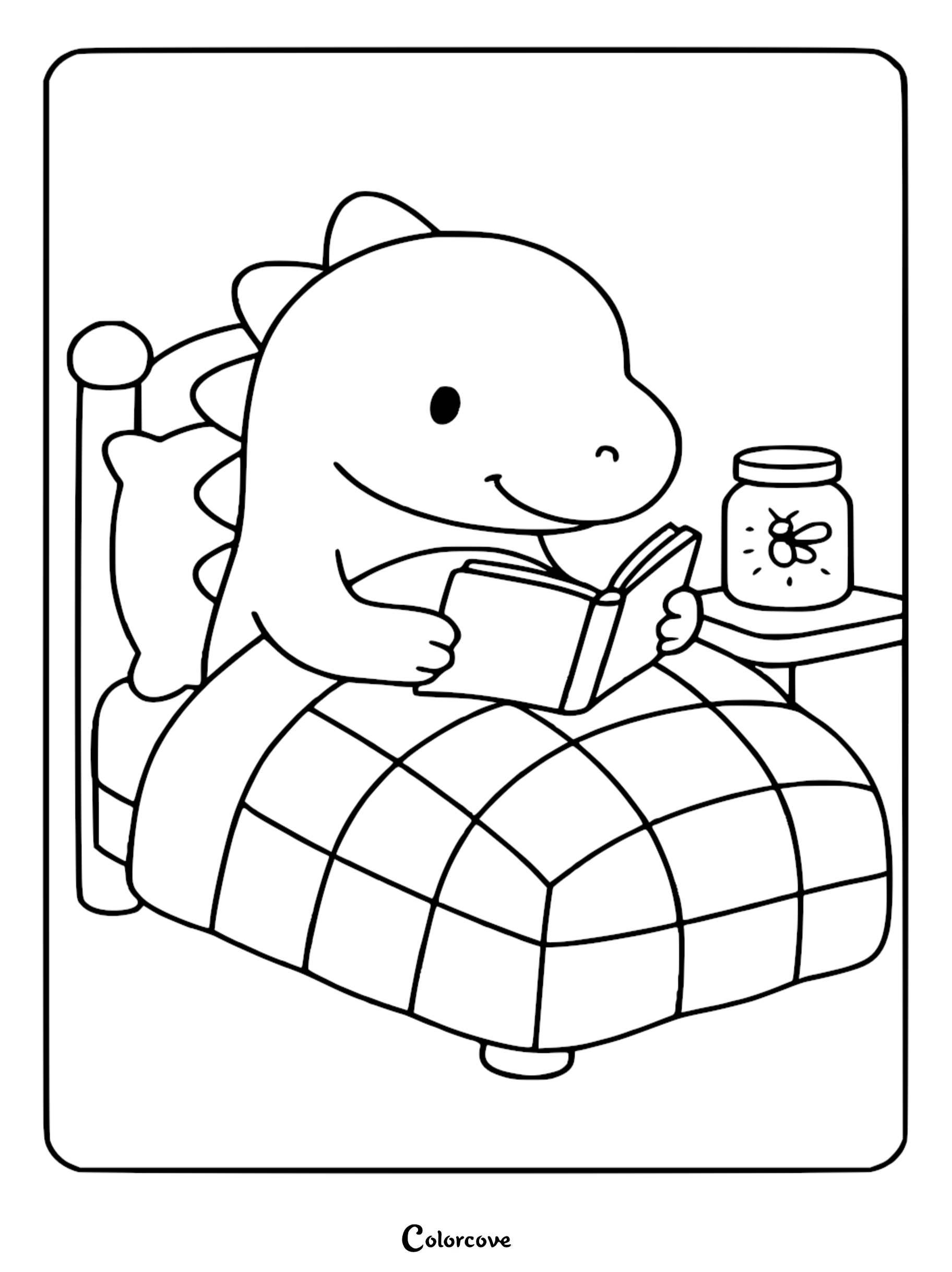 A cute dinosaur sitting in bed reading a book with a firefly in a jar on the nightstand, printable coloring page.