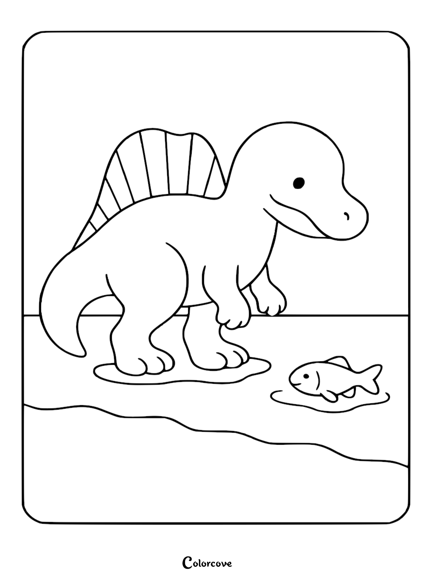A cute Spinosaurus with a large dorsal sail standing on a riverbank looking at a small fish in a puddle, printable coloring page.