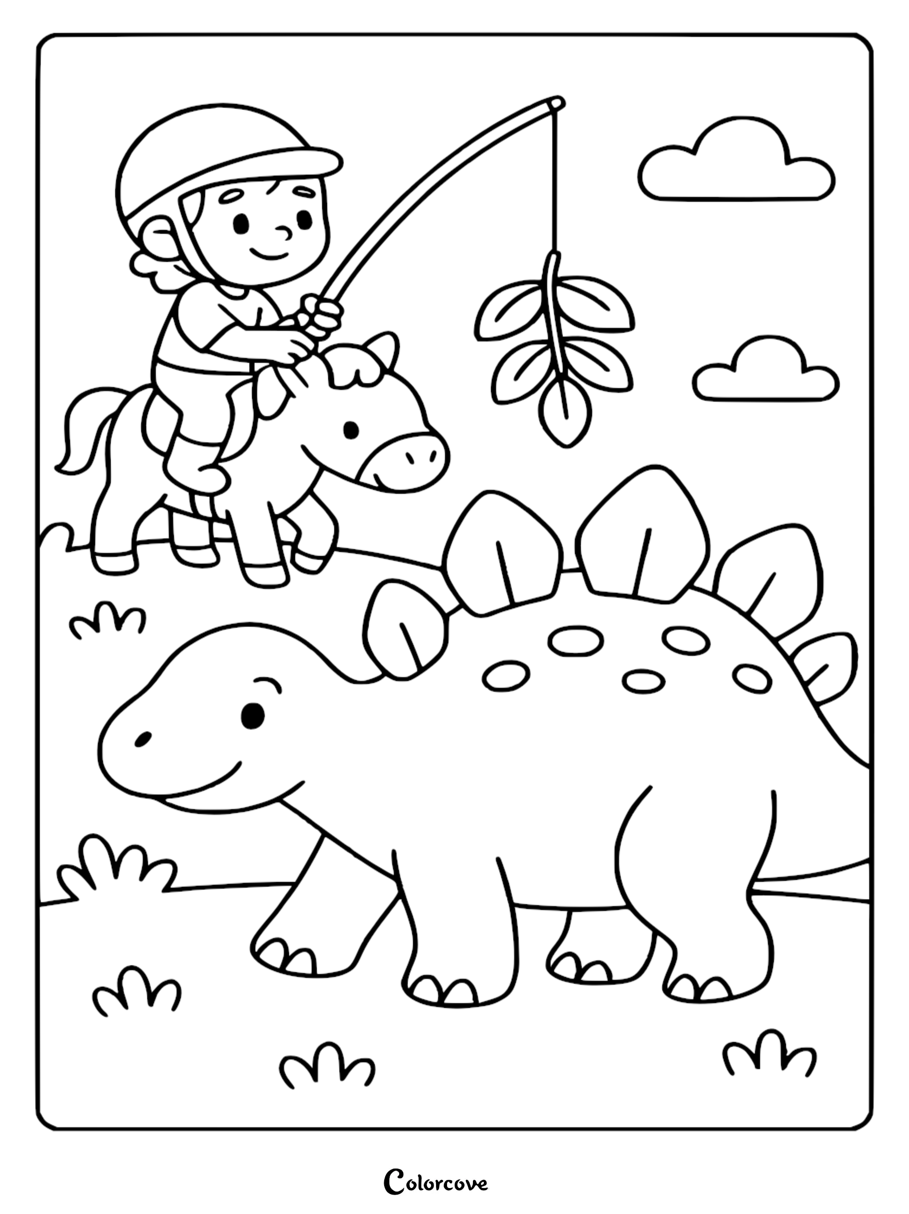 A cute Stegosaurus walking in a field while a child on a pony holds a leafy branch on a fishing pole as a lure, coloring page style.