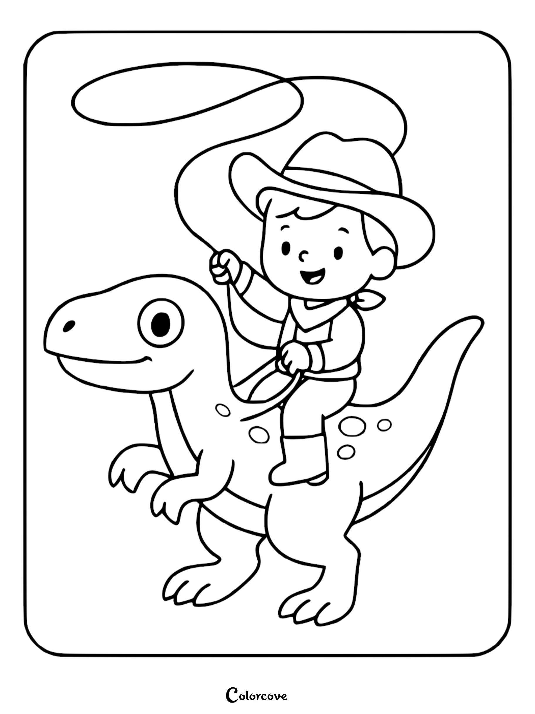 A cute cowboy wearing a hat and bandana riding a spotted dinosaur while swinging a lasso in this printable coloring page.