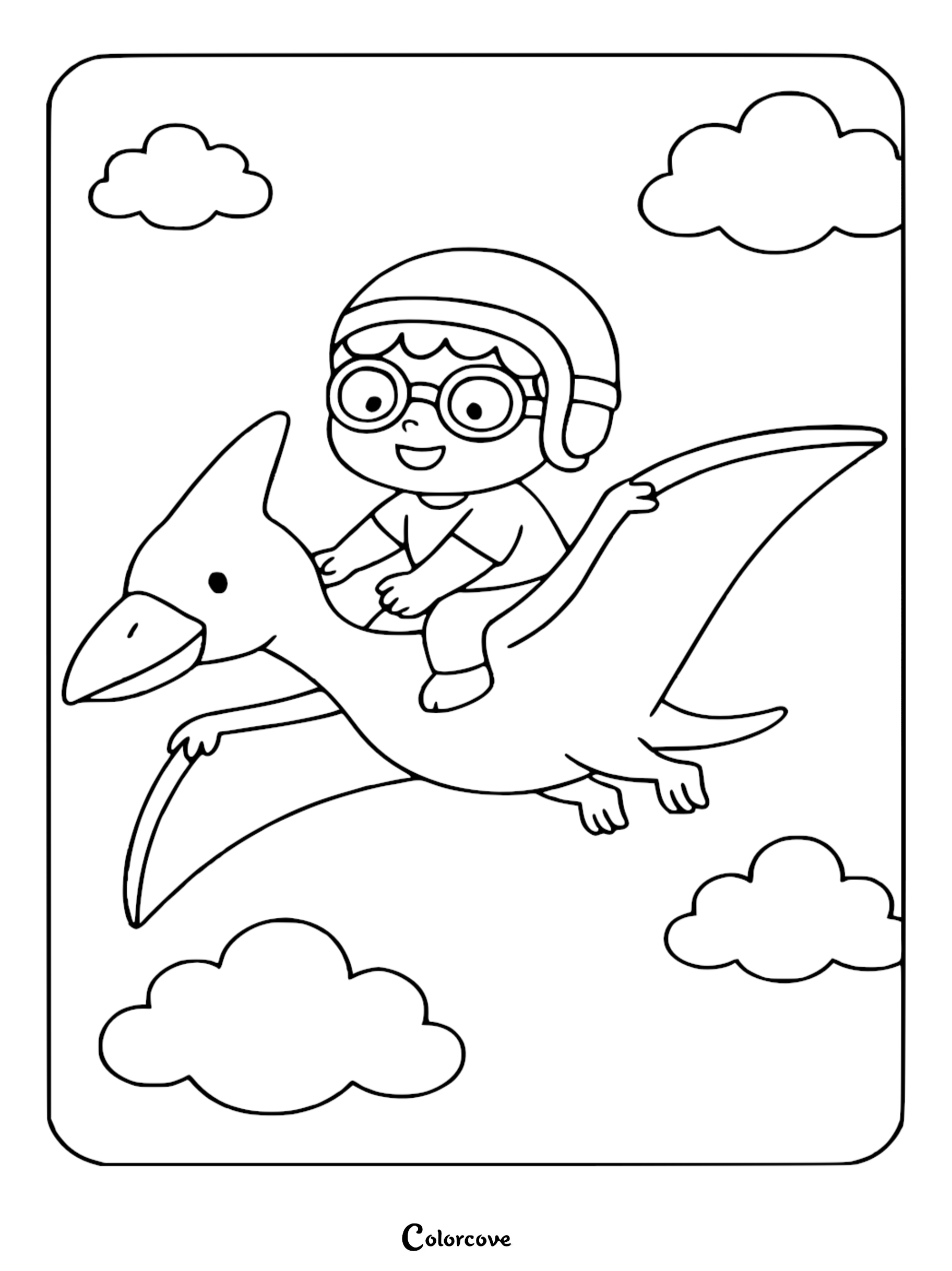 A cute boy wearing goggles and a helmet riding a flying Pterodactyl through the clouds in this printable coloring page.