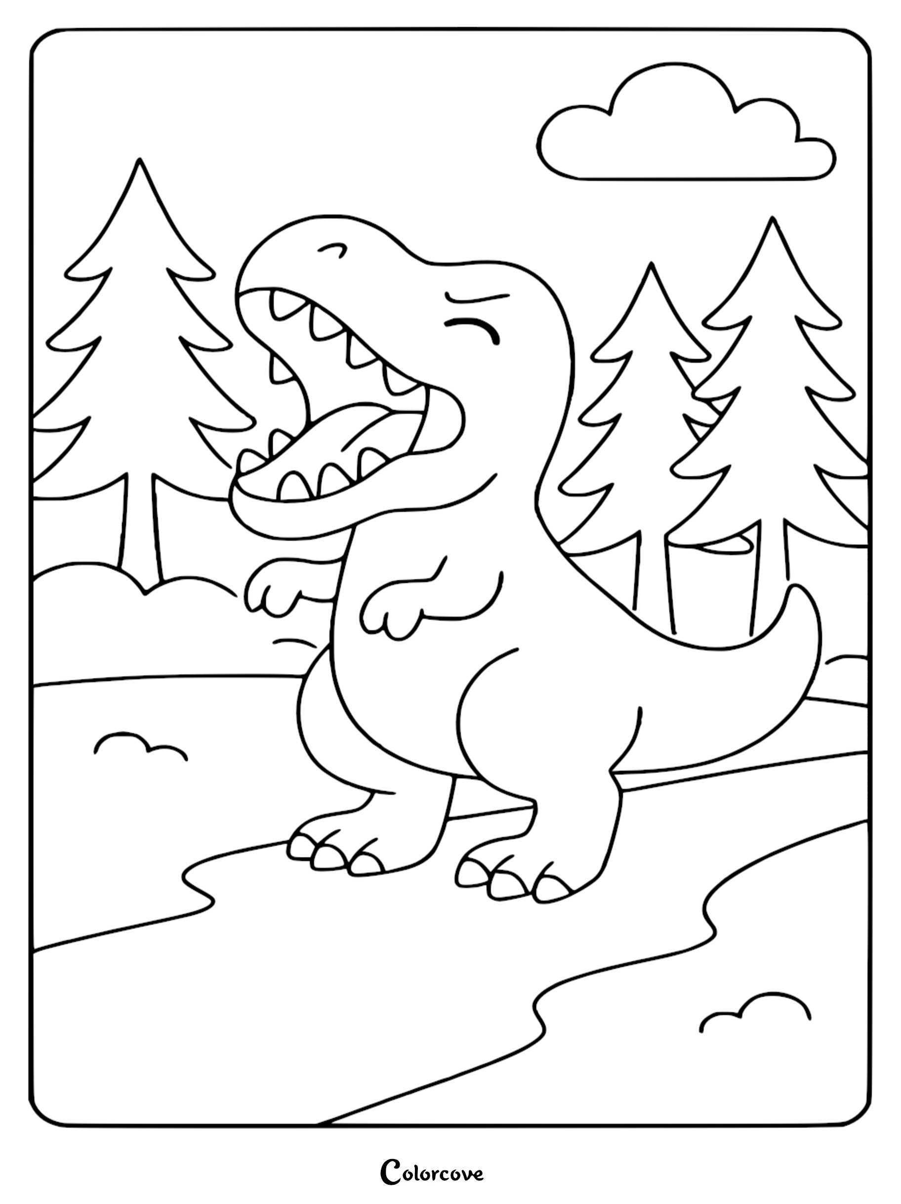 A cute T-Rex roaring in a forest setting on a printable coloring page.