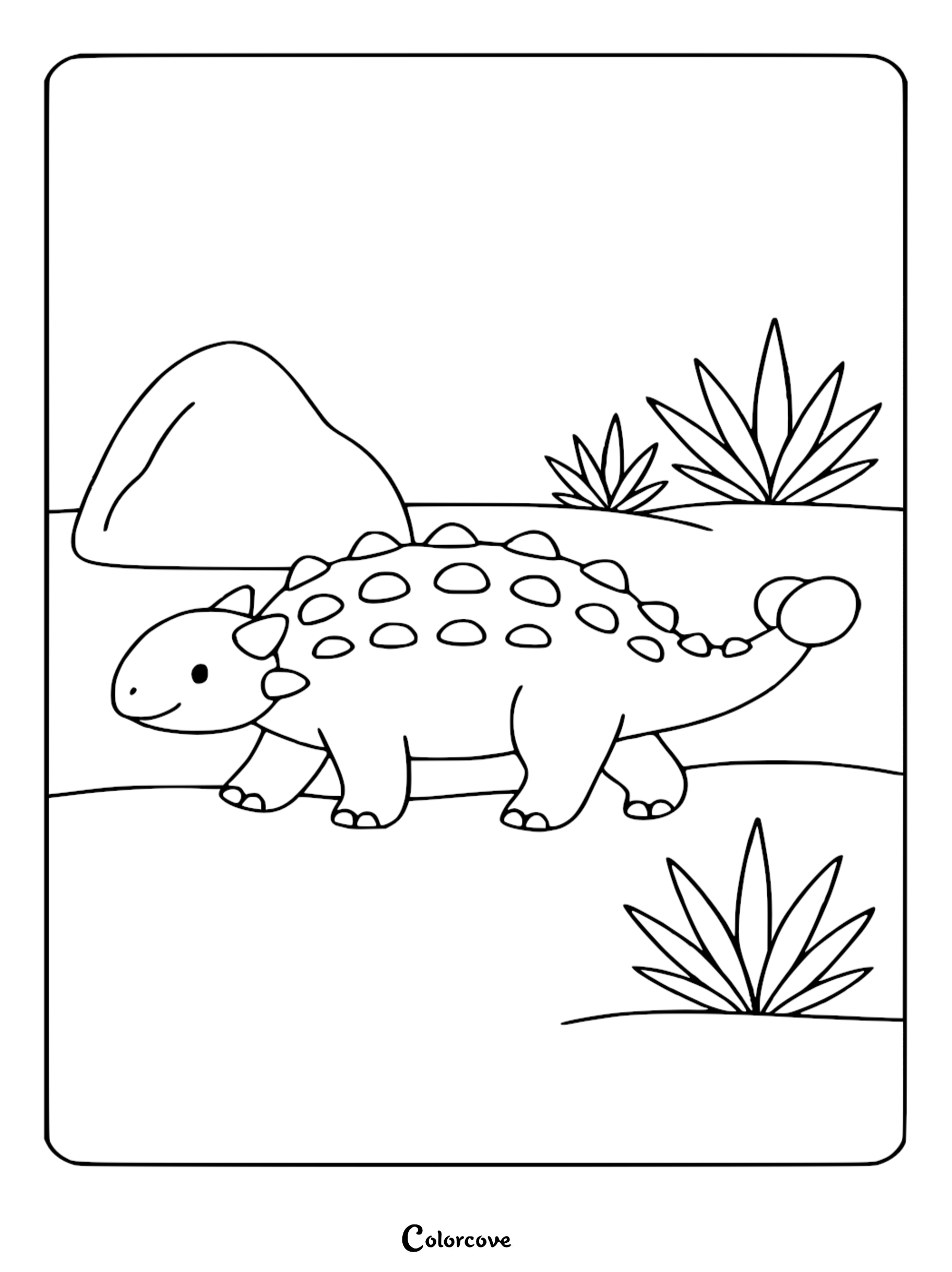 A cute Ankylosaurus with a clubbed tail walking past a large rock and tropical plants in this printable coloring page.