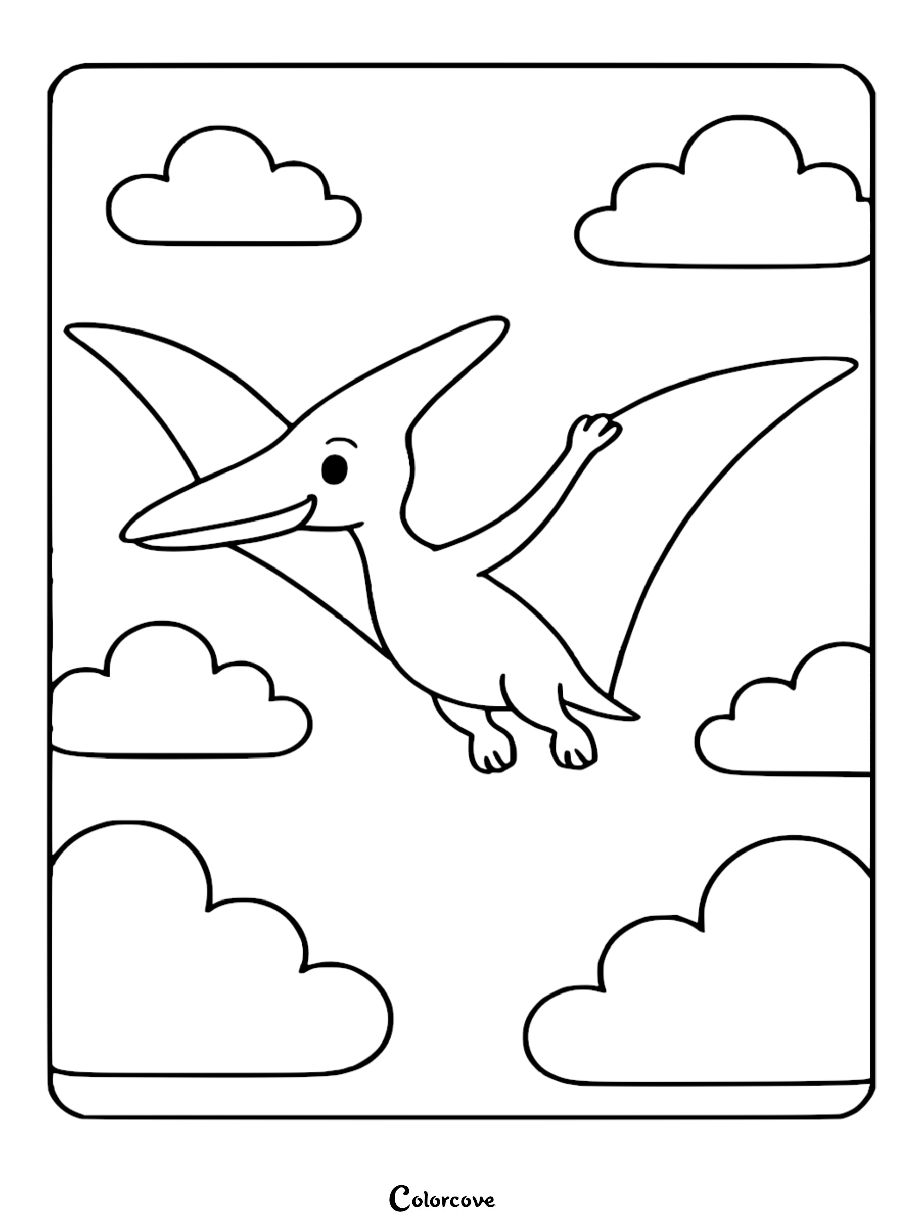 A cute Pterodactyl soaring through the sky with fluffy clouds in this printable coloring page.