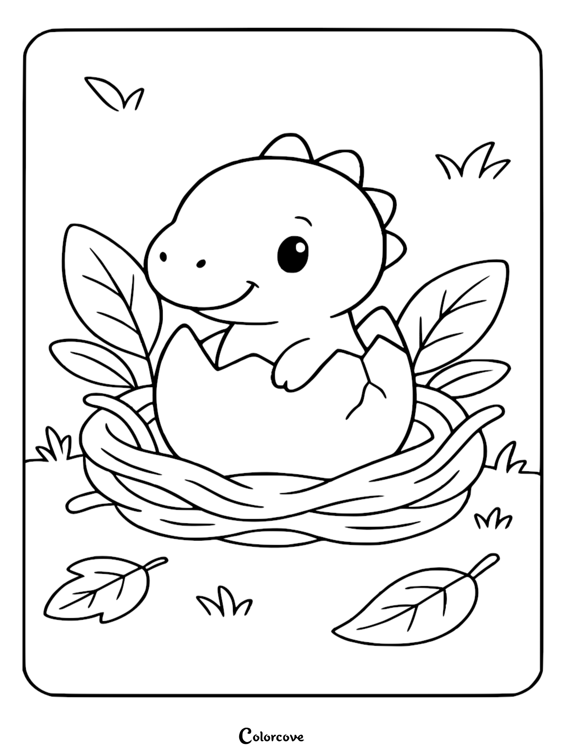 A cute baby dinosaur hatching from an egg in a nest, surrounded by leaves, in a printable coloring page format.