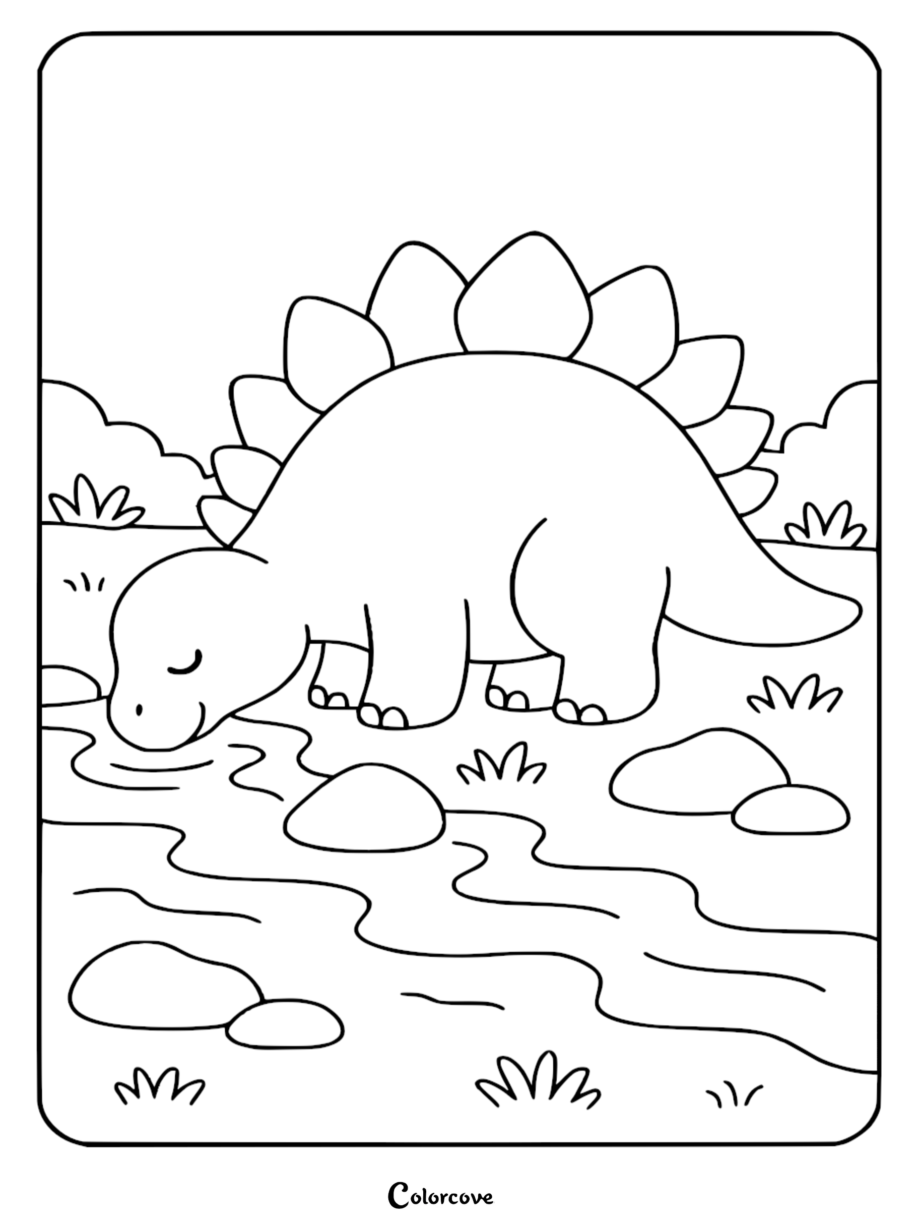 A cute Stegosaurus with large back plates drinking water from a flowing stream in this printable coloring page.