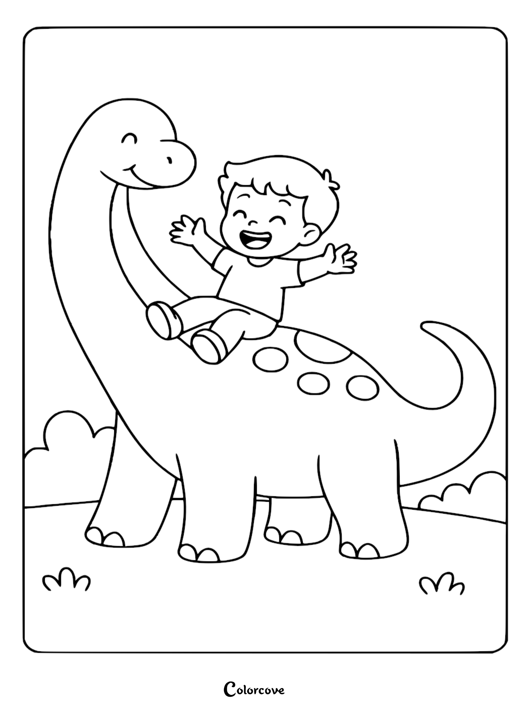 A happy young boy sitting on the back of a friendly long-necked dinosaur in this cute coloring page for kids.