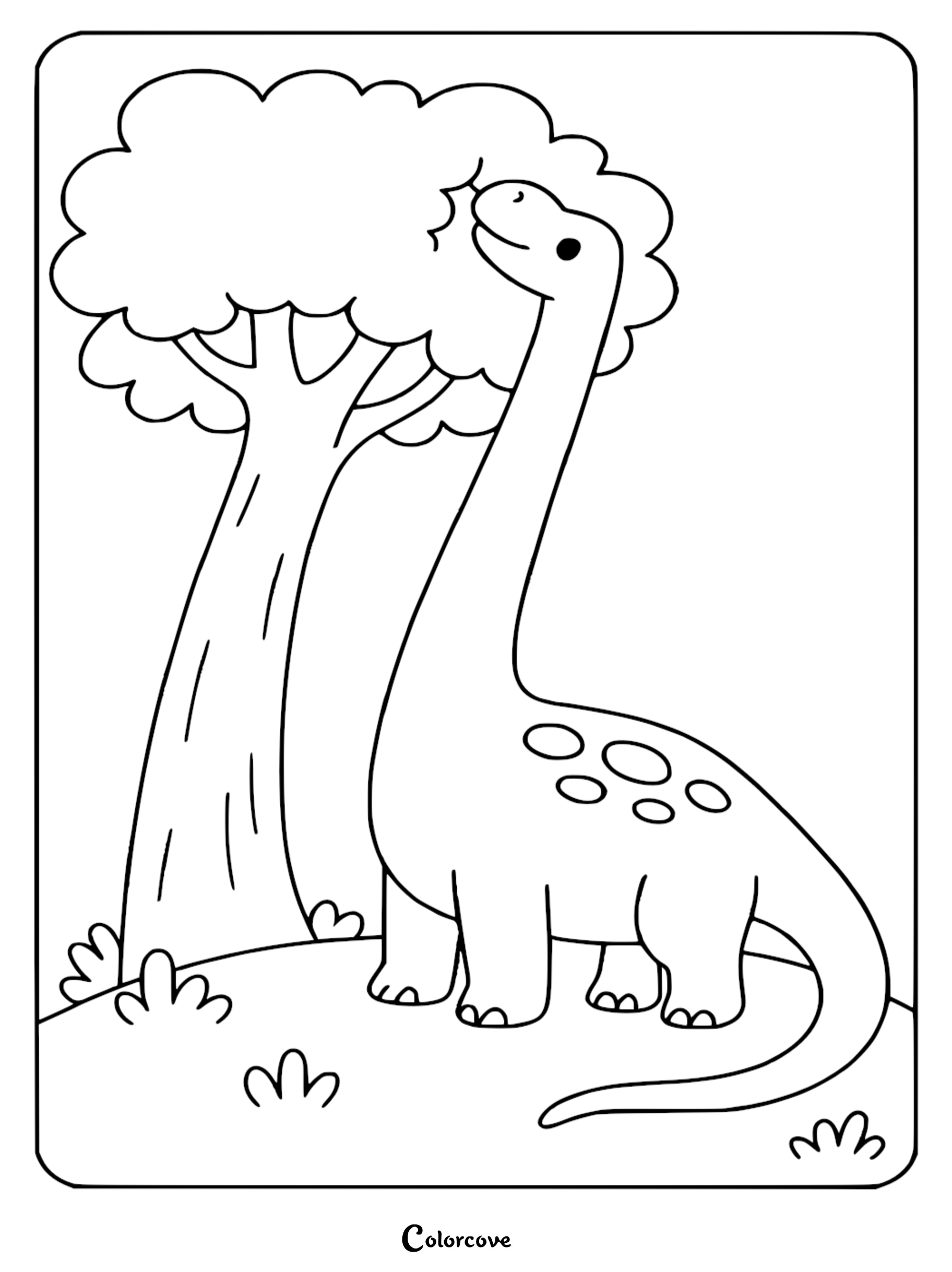 A cute long-neck dinosaur with spots on its back eating leaves from a tree in this simple line art coloring page.