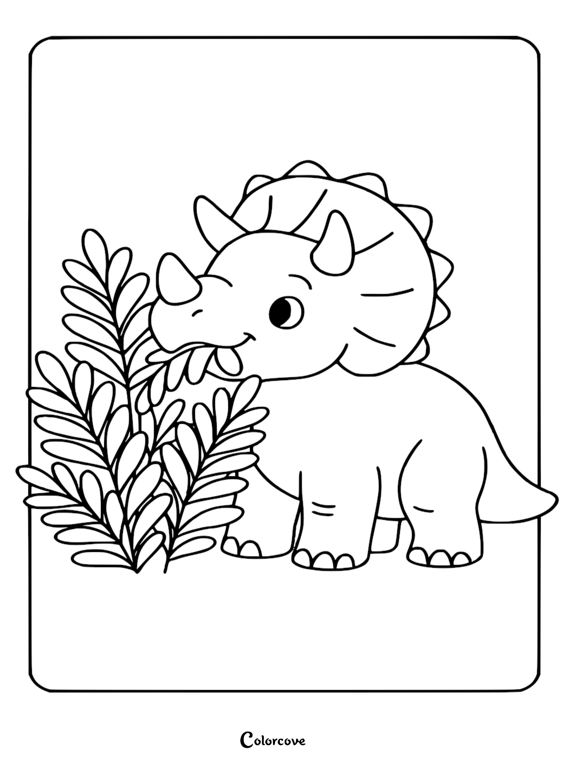 A cute baby triceratops with three horns and a frill eating a leafy plant in this printable coloring page.
