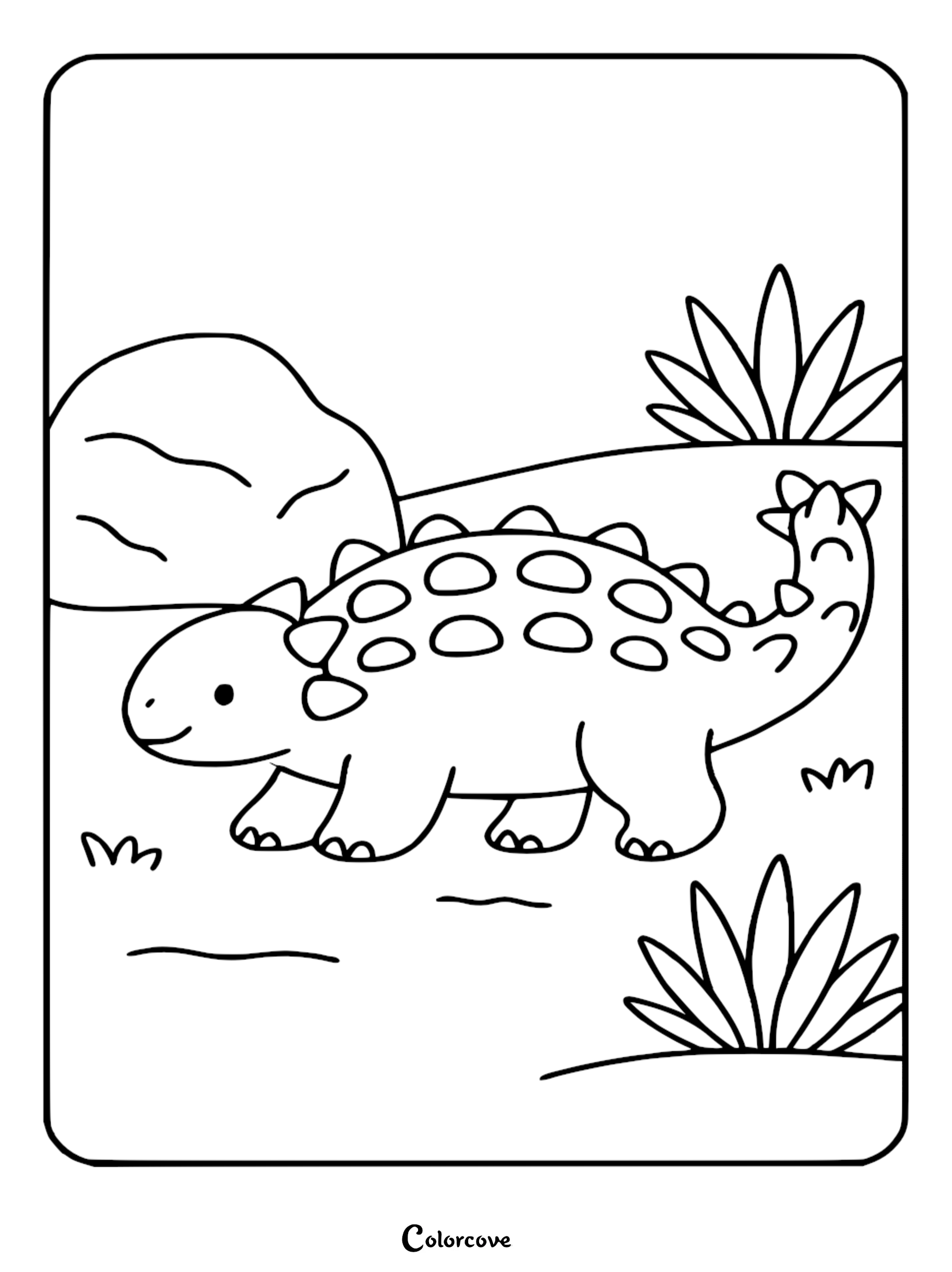 A cute Ankylosaurus dinosaur with a clubbed tail walking past a large rock and tropical plants in this printable coloring page.