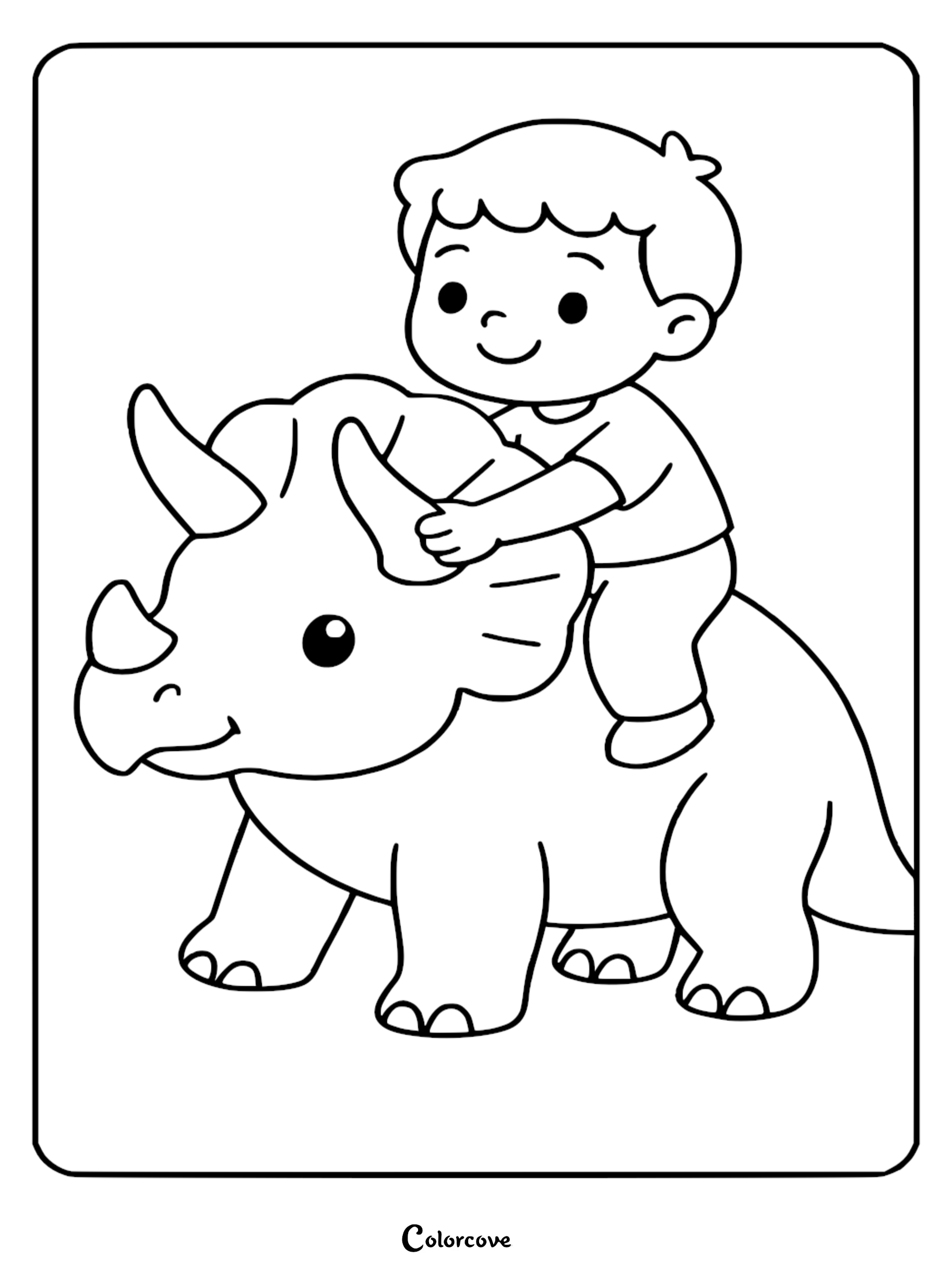 A happy young boy sitting on the back of a friendly triceratops in this simple line art coloring page.