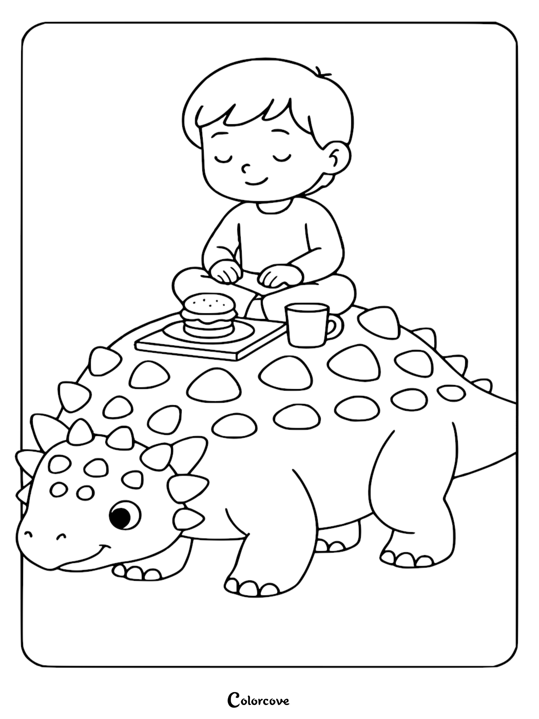 A cute boy sitting on the back of an Ankylosaurus eating a burger, printable coloring page.