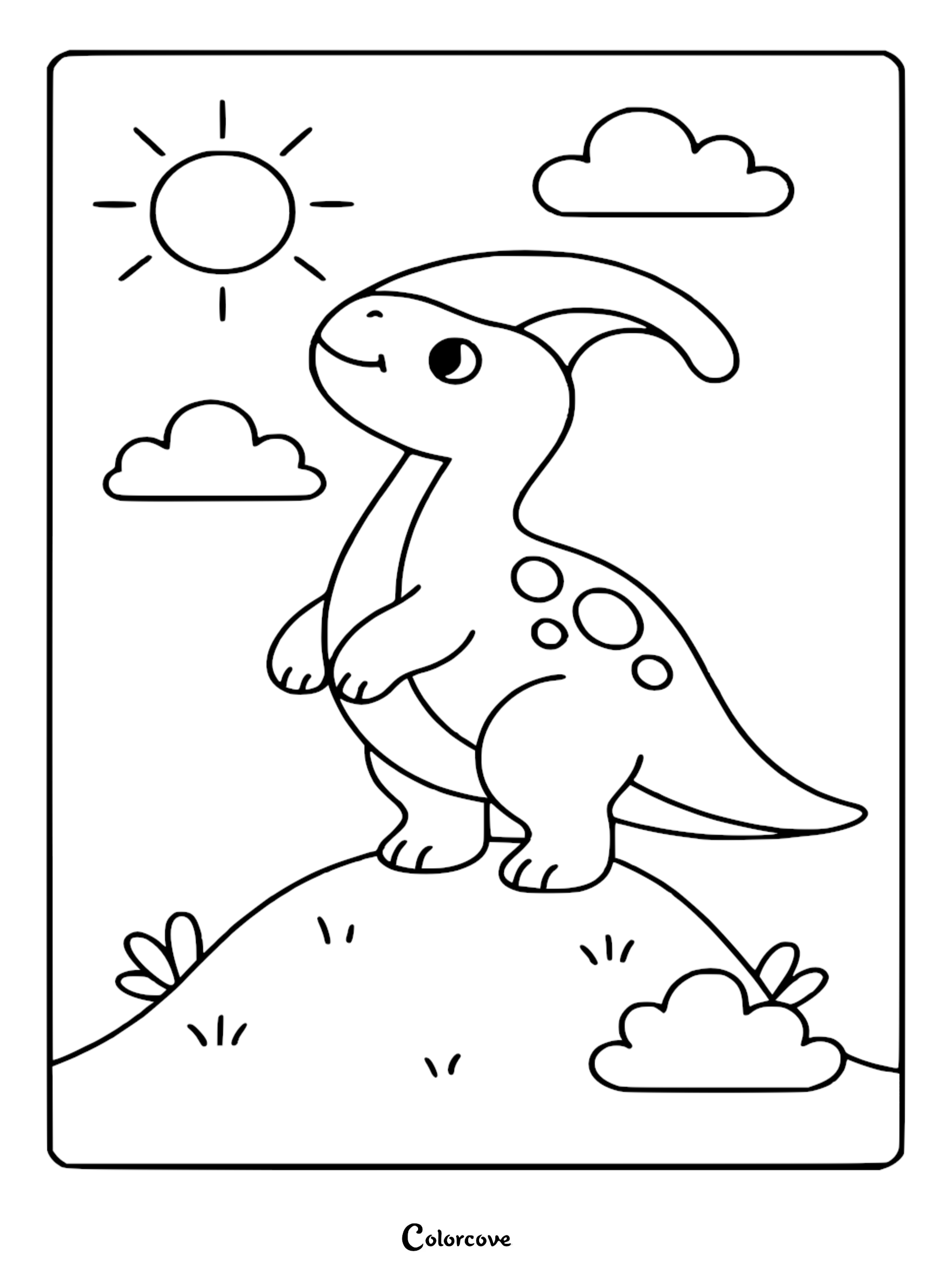 A cute Parasaurolophus standing on a grassy hill under a sunny sky in this printable coloring page.