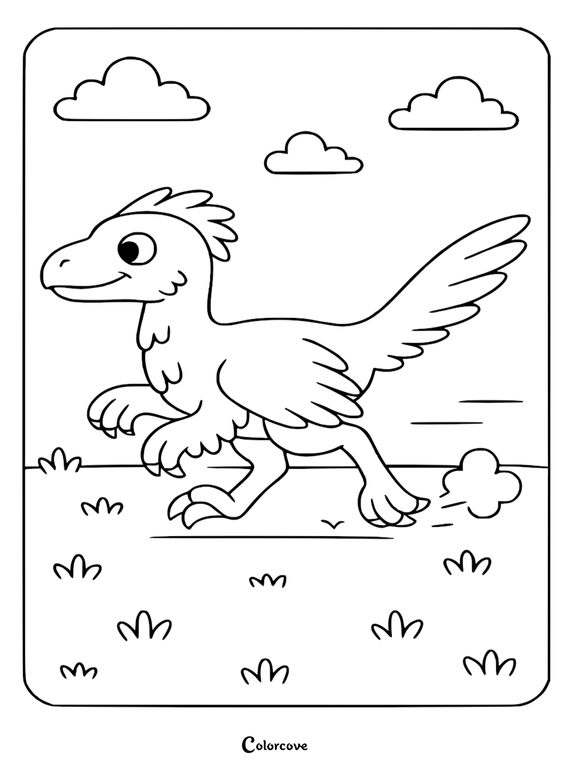 A cute feathered raptor running through a grassy field under fluffy clouds in this printable coloring page.