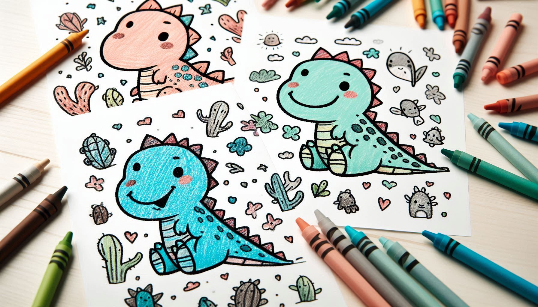 Three cute dinosaur coloring pages featuring a pink, green, and blue cartoon dinosaur surrounded by cacti and hearts, with scattered crayons on a wooden table.