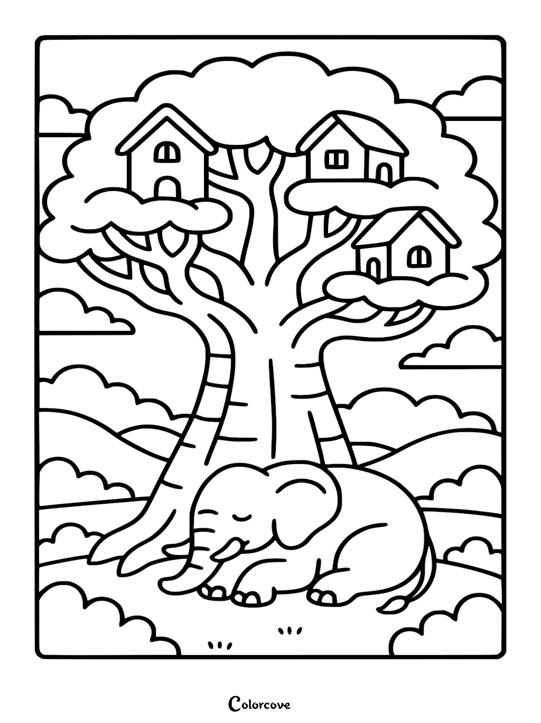 A cute elephant sleeping peacefully under a large tree with three small houses nestled in its branches, coloring page style line art.