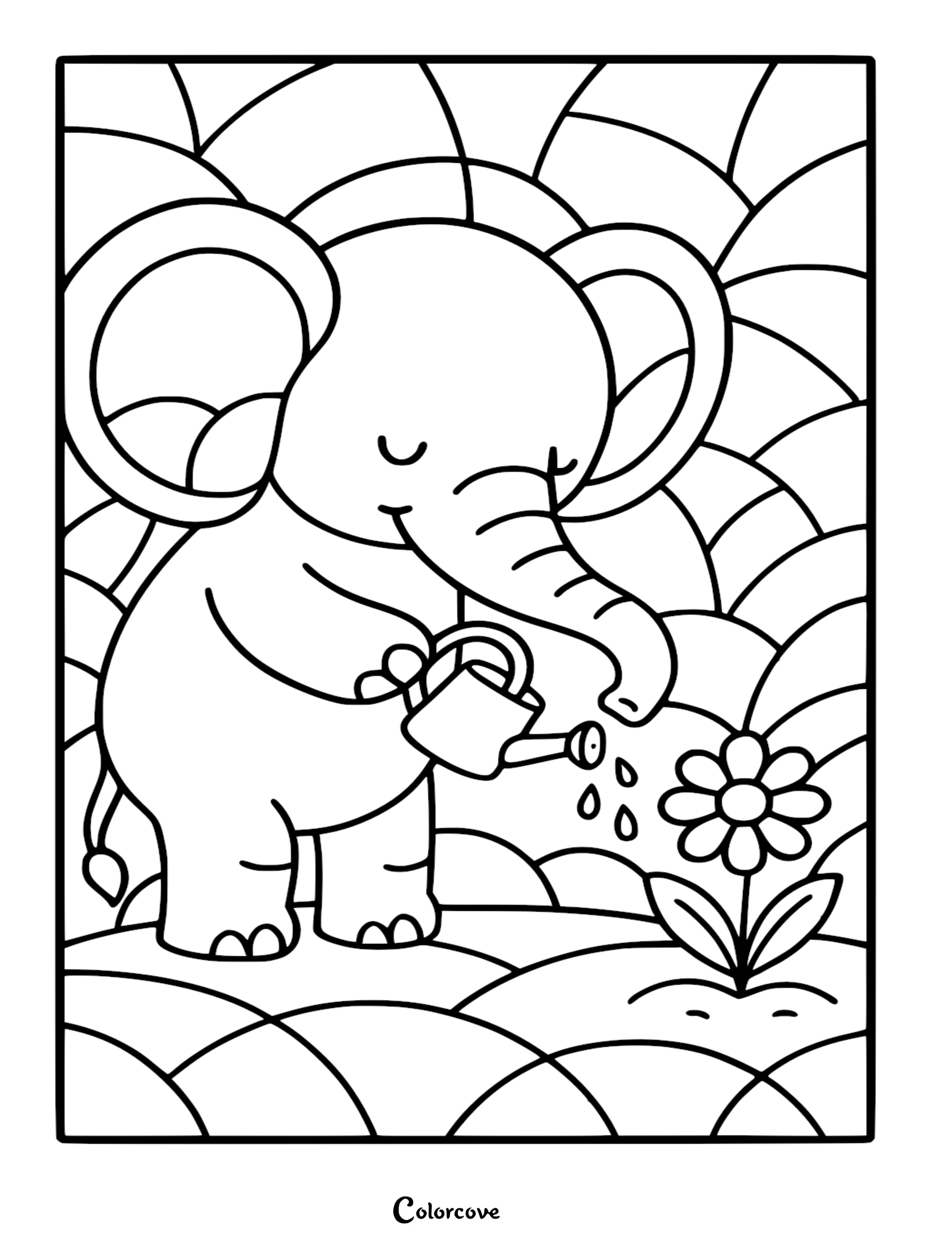 A cute elephant holding a small watering can to water a single daisy in this printable coloring page with a stained glass background.