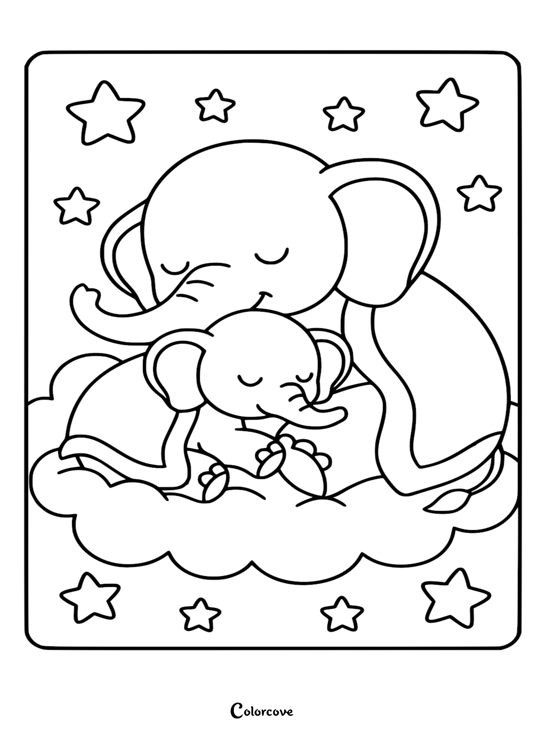 A cute elephant mother cuddling her baby on a fluffy cloud surrounded by stars in this printable coloring page.