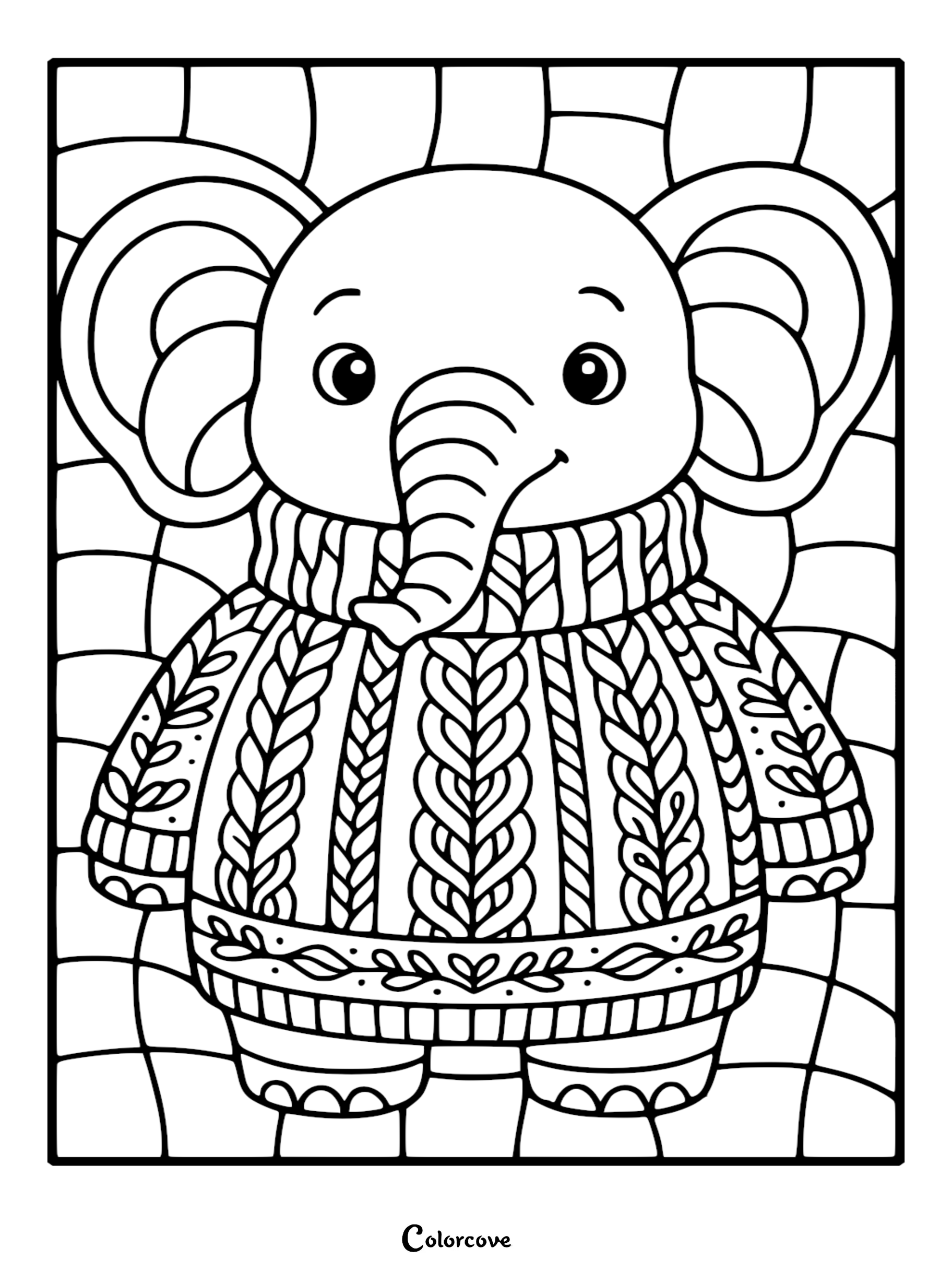 A cute elephant wearing a detailed cable knit sweater in this printable coloring page with a geometric background.