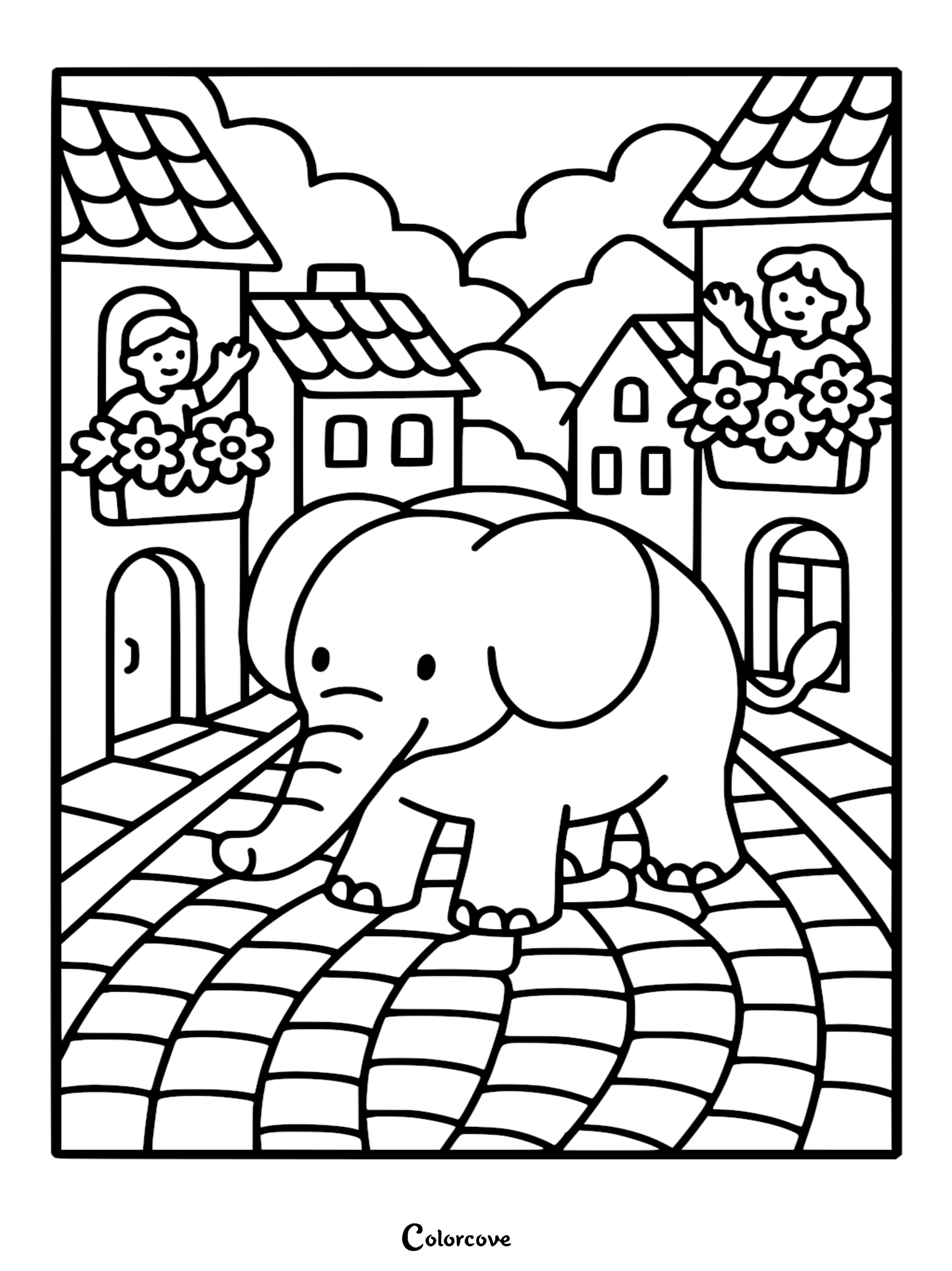 A cute elephant walking on a cobblestone street between houses with people waving from balconies in this printable coloring page.