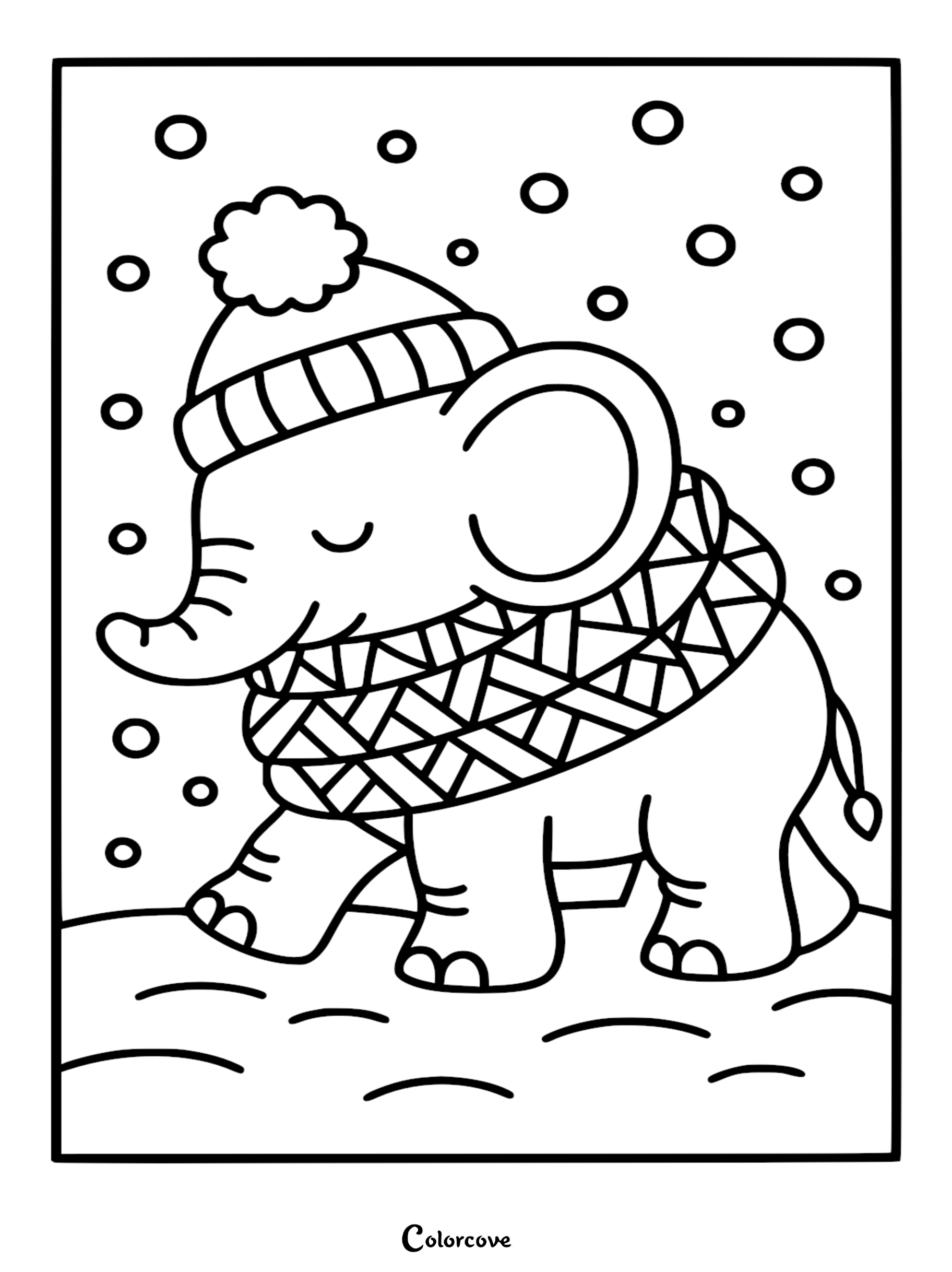 A cute elephant wearing a pom-pom beanie and a patterned scarf walking in the snow, printable coloring page.