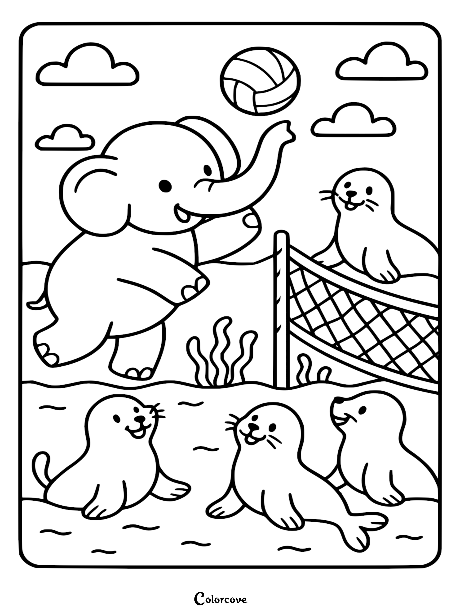 A cute elephant playing volleyball with three seals on a beach in this printable coloring page.