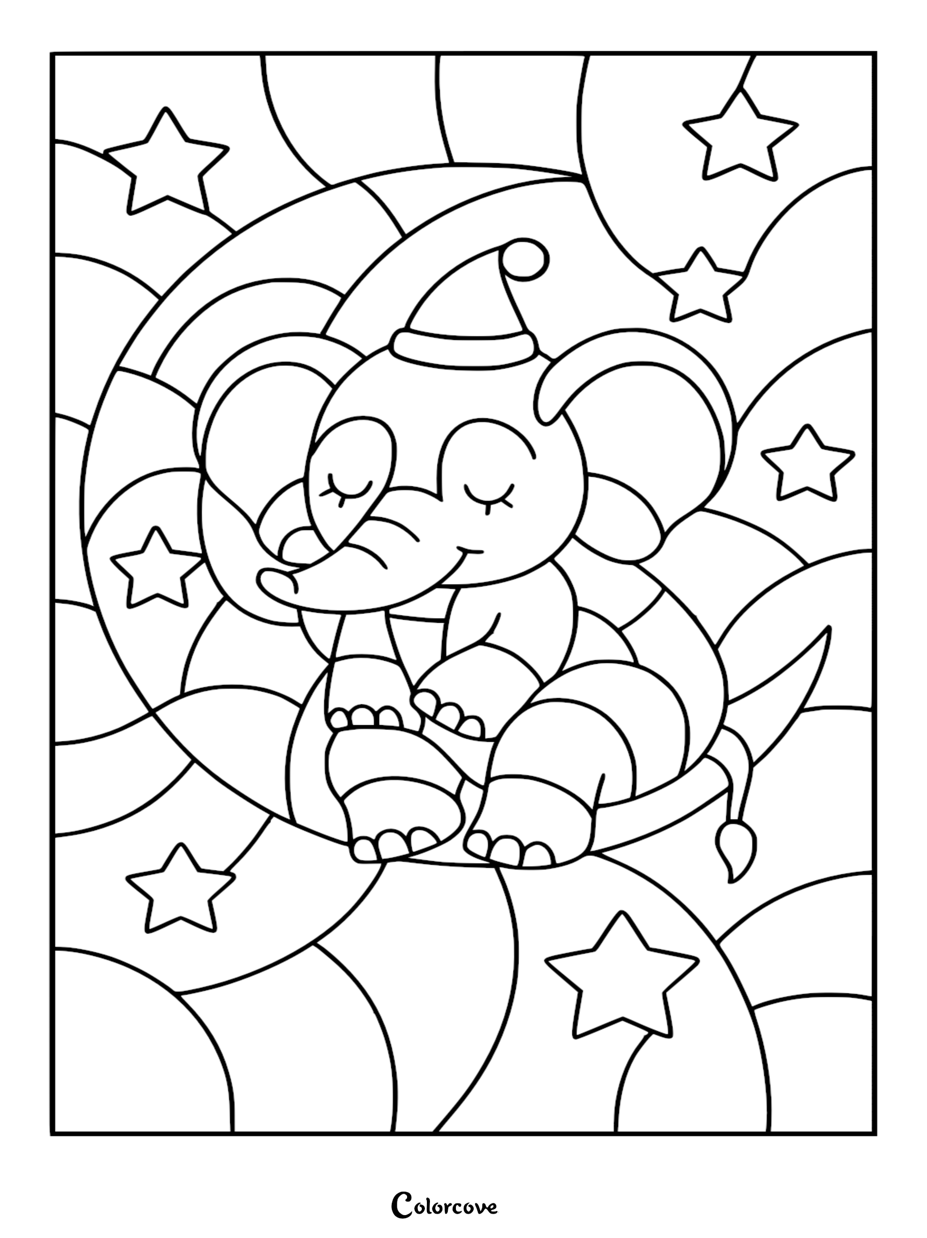 A cute elephant wearing a nightcap sleeping on a crescent moon, surrounded by stars in this printable coloring page.