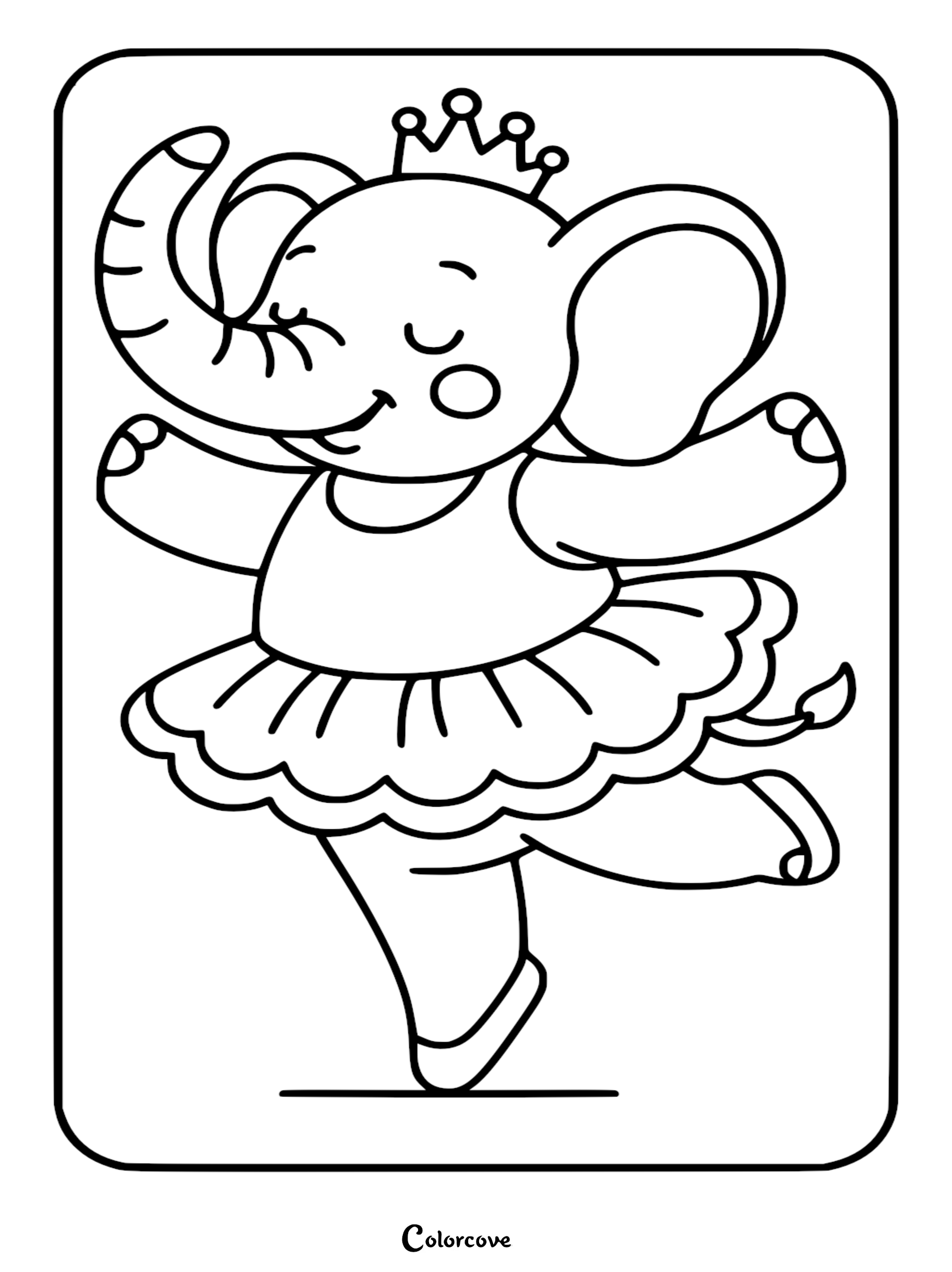 A cute elephant wearing a tutu and crown dancing in this printable coloring page.