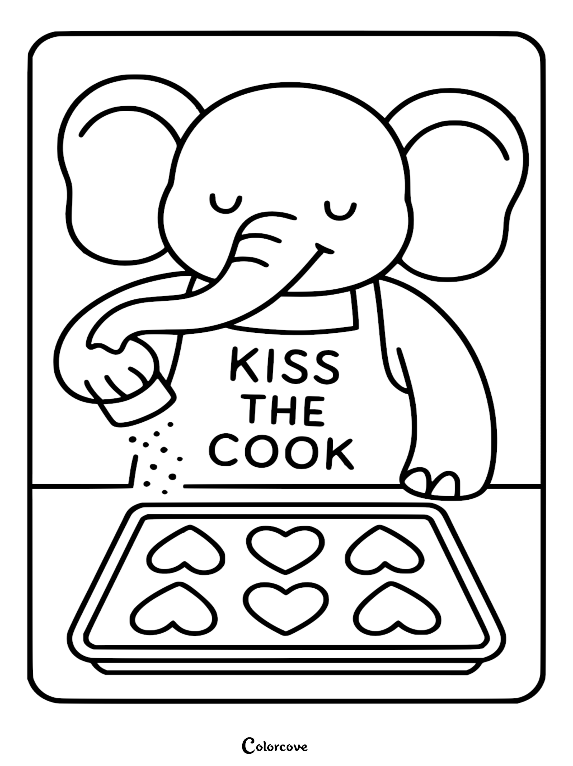 A cute elephant wearing a Kiss the Cook apron sprinkling seasoning onto a tray of heart-shaped cookies in this printable coloring page.