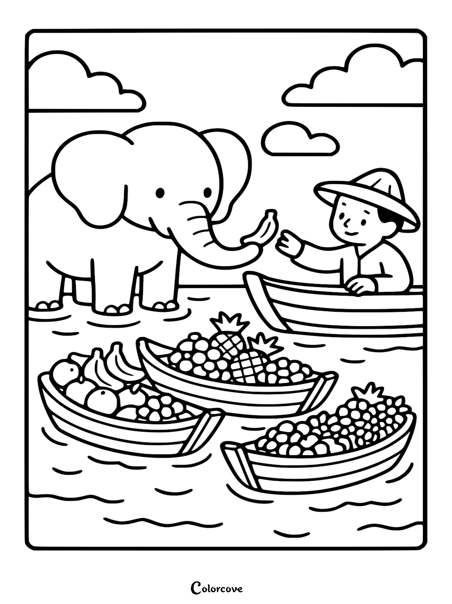 A cute elephant standing in water receiving a banana from a person in a small boat, surrounded by floating boats filled with tropical fruits, in a simple line art coloring page style.