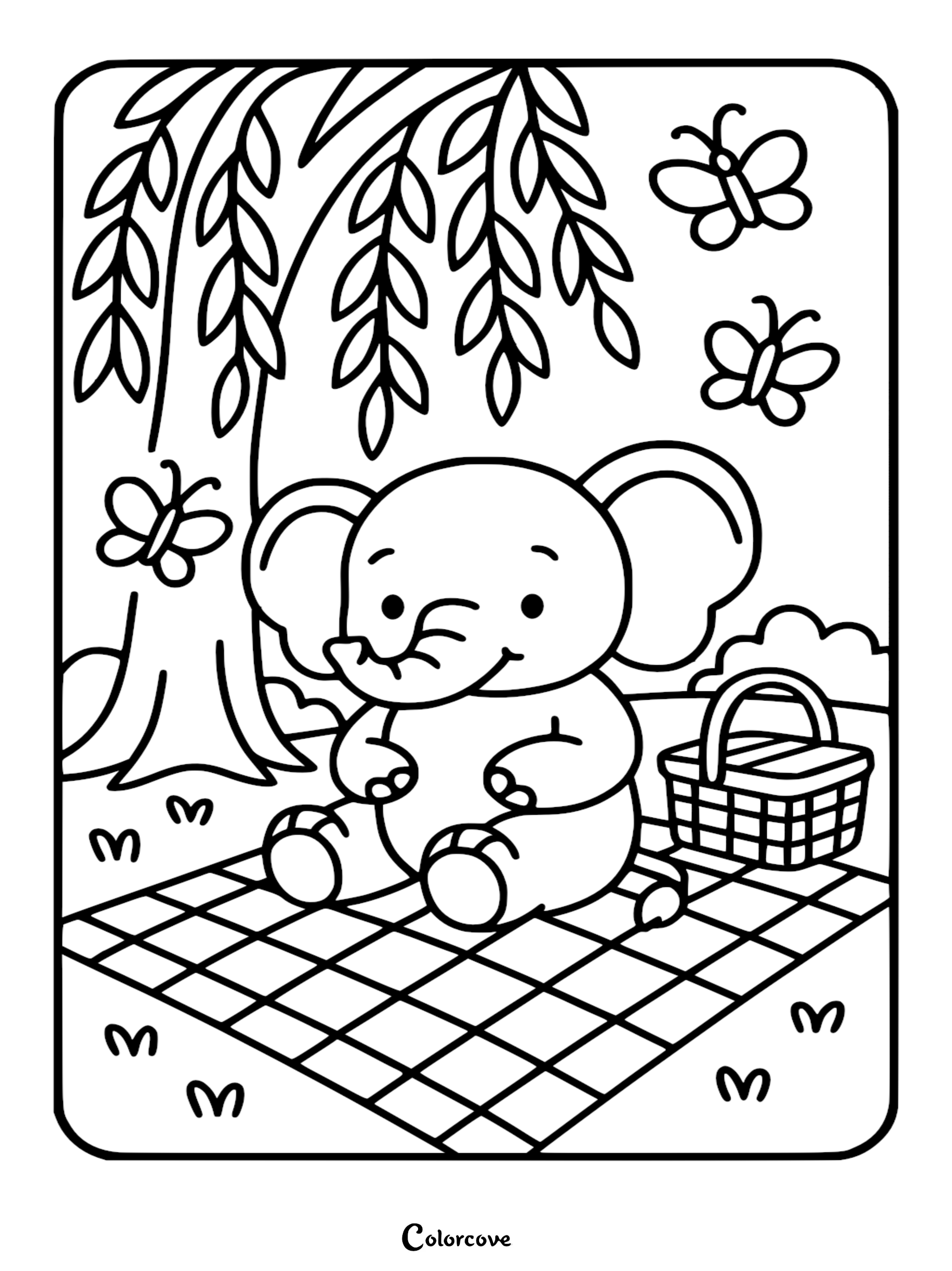 A cute baby elephant sitting on a checkered picnic blanket under a willow tree with butterflies, coloring page style line art.