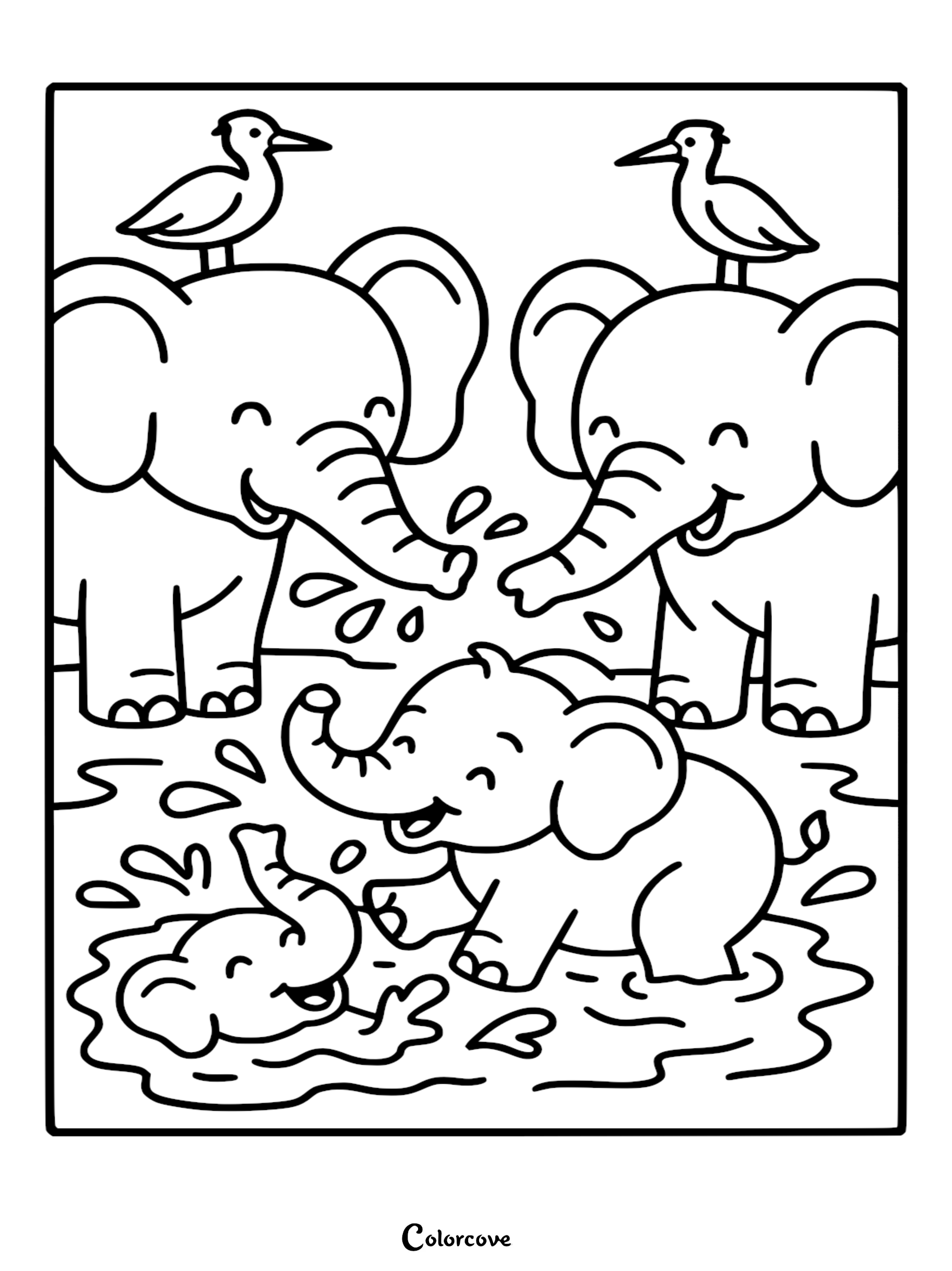 Cute elephant family coloring page featuring two adult elephants with birds on their heads watching two baby elephants splash in a puddle.